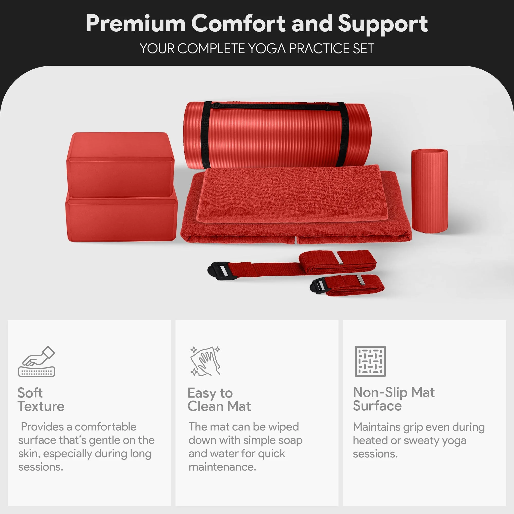 BalanceFrom Fitness 7 Piece Yoga Set with Mat, Stretch Strap, & Knee Pad, Red - Image 3