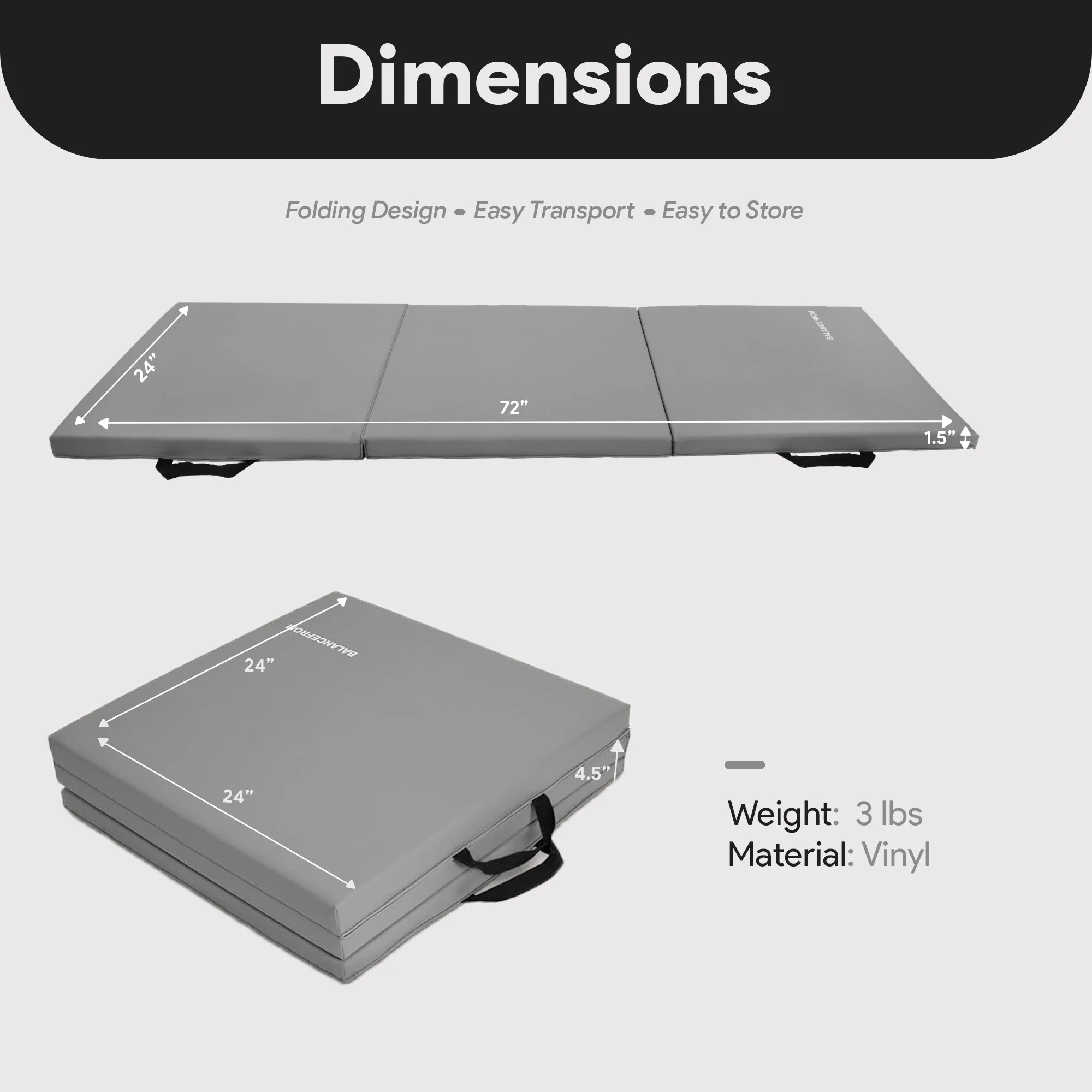 BalanceFrom Fitness GoGym 6 'x 2' x 1.5" Folding 3 Panel Exercise Gym Mat, Gray - Image 3