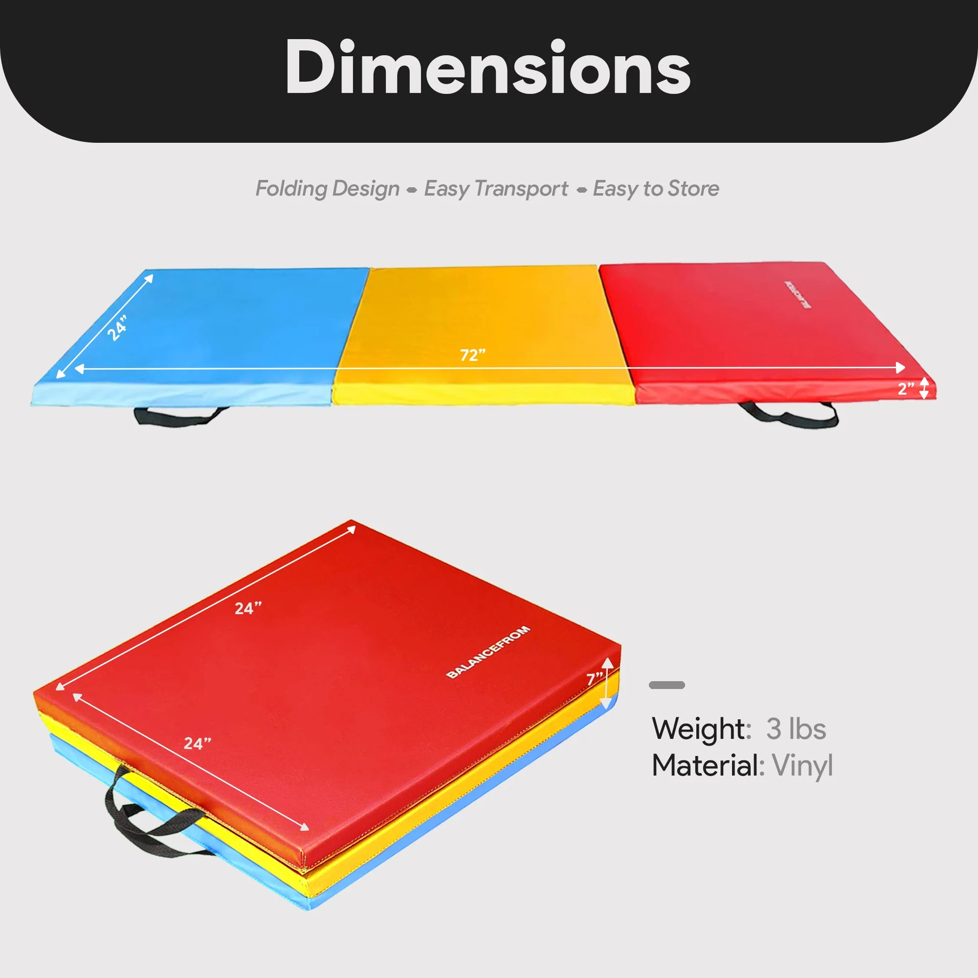 BalanceFrom Fitness GoGym 6x2ft Folding 3 Panel Exercise Mat w/Handles, Multi - Image 2