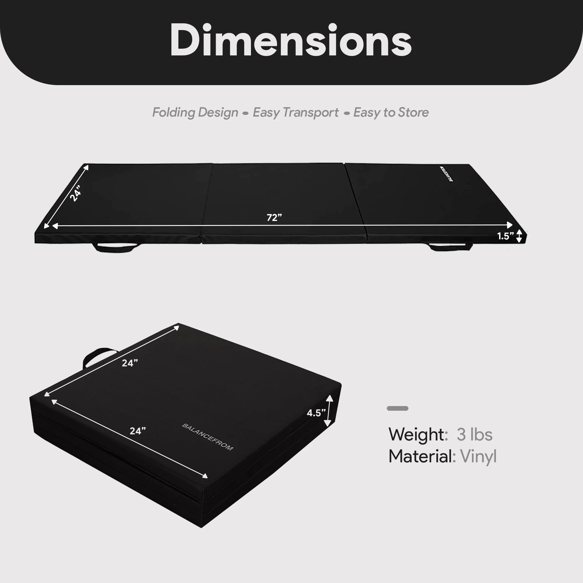 BalanceFrom Fitness GoGym 6'x2'x1.5" Folding 3 Panel Exercise Gym Mat, Black - Image 3