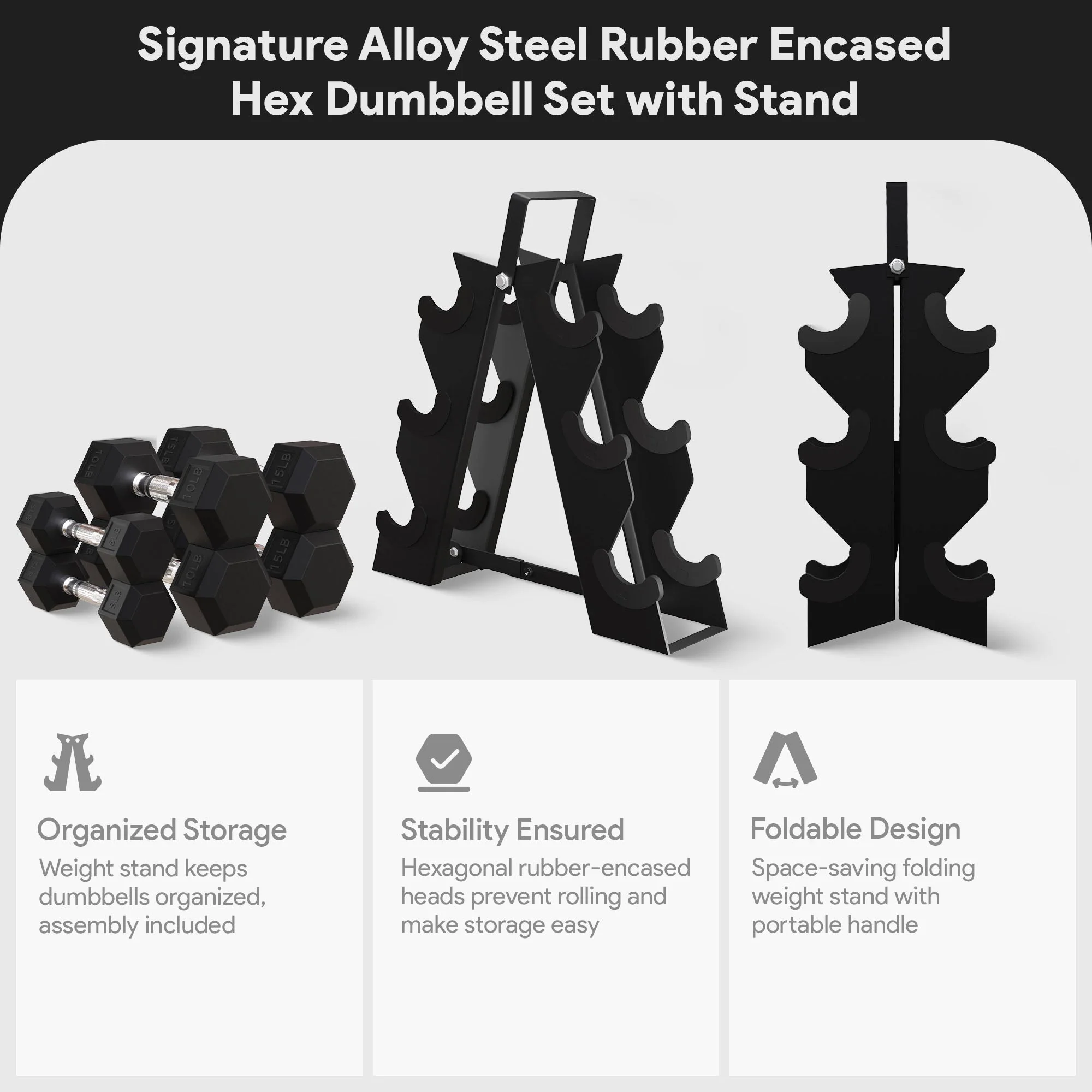 BalanceFrom Fitness Signature Alloy Steel Rubber Encased Hex Dumbbell Set, Black - Image 4