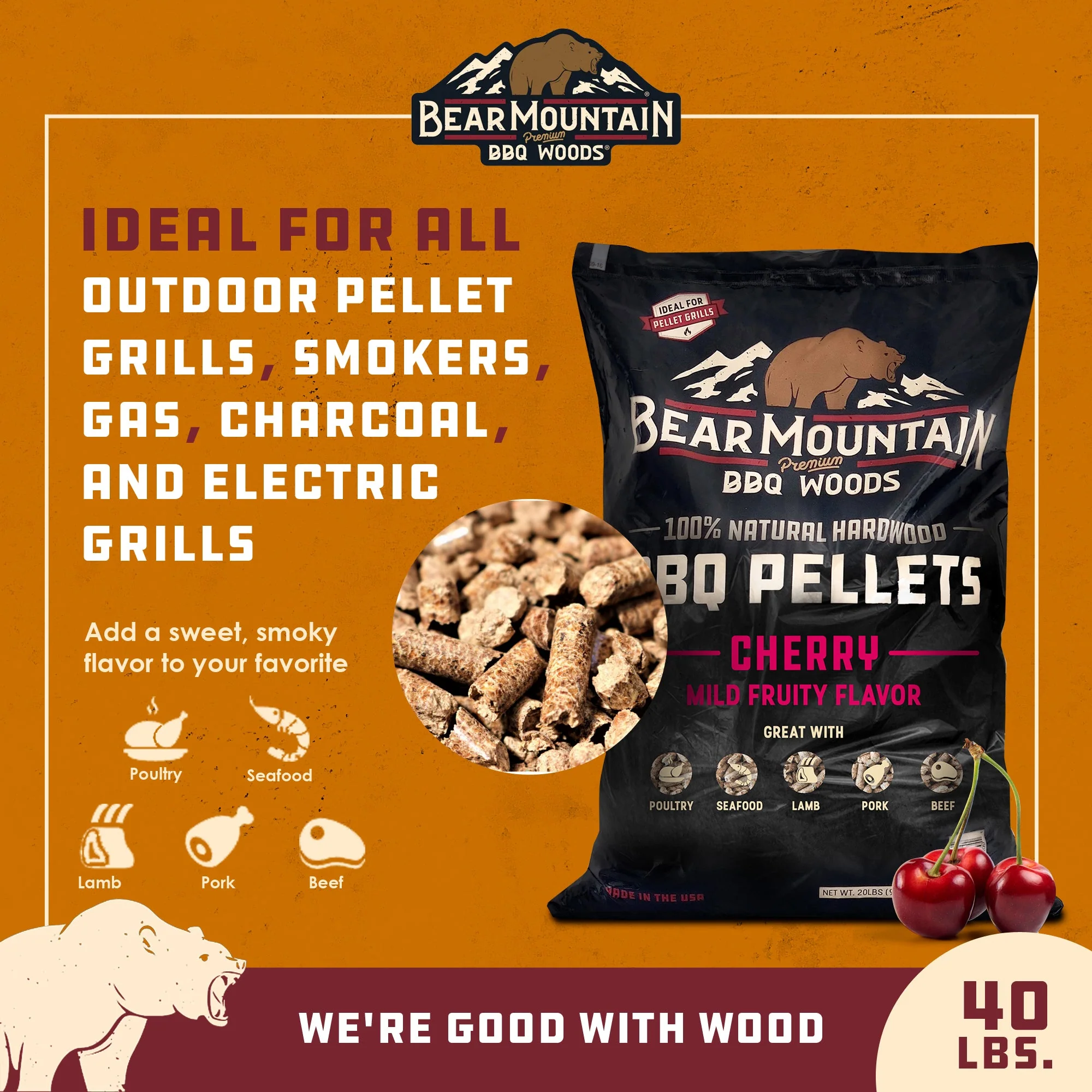 Bear Mountain BBQ All Natural Hardwood Cherry Smoker Pellets, 40 Pounds (2 Pack) - Image 3