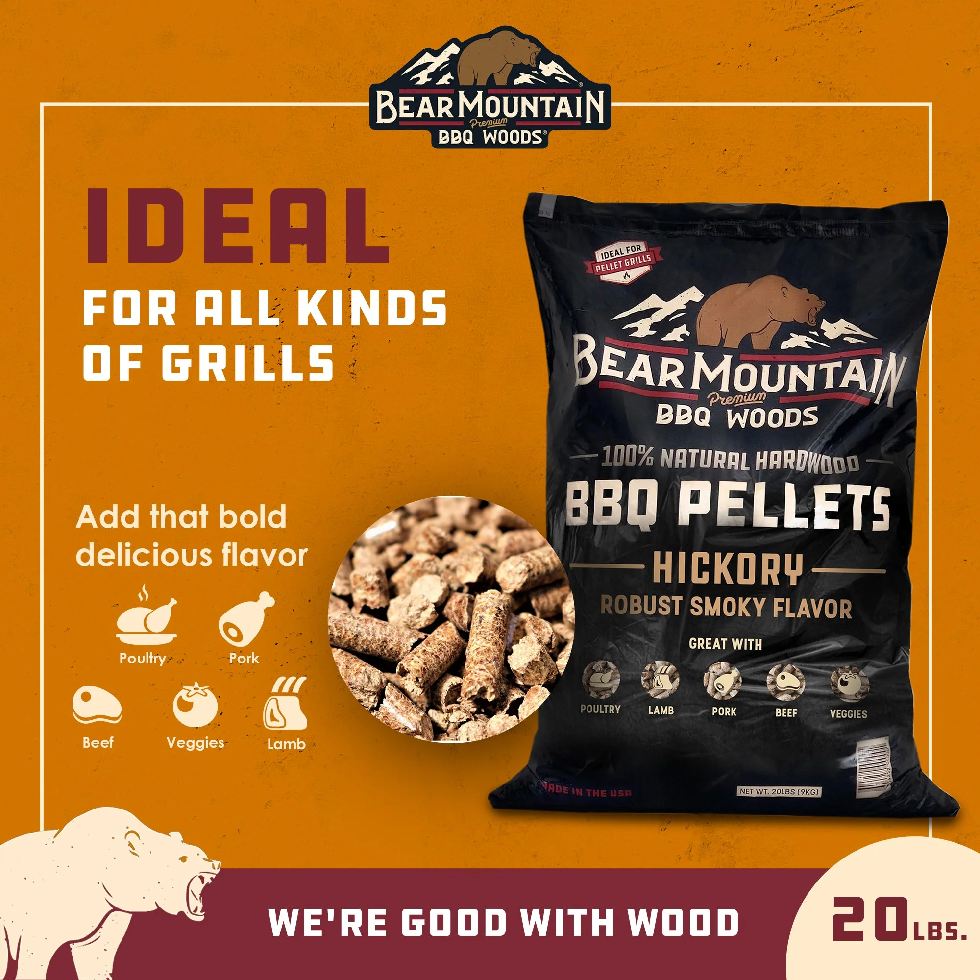 Bear Mountain BBQ Premium All-Natural Hardwood Hickory Smoker Pellets, 20 Pounds - Image 3