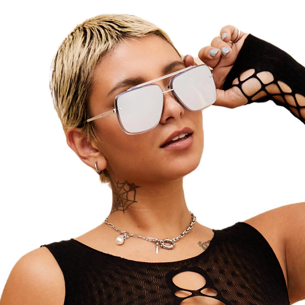 Bella -Tangle Free- Chrome Silver Oversized Squared Aviators - Image 4