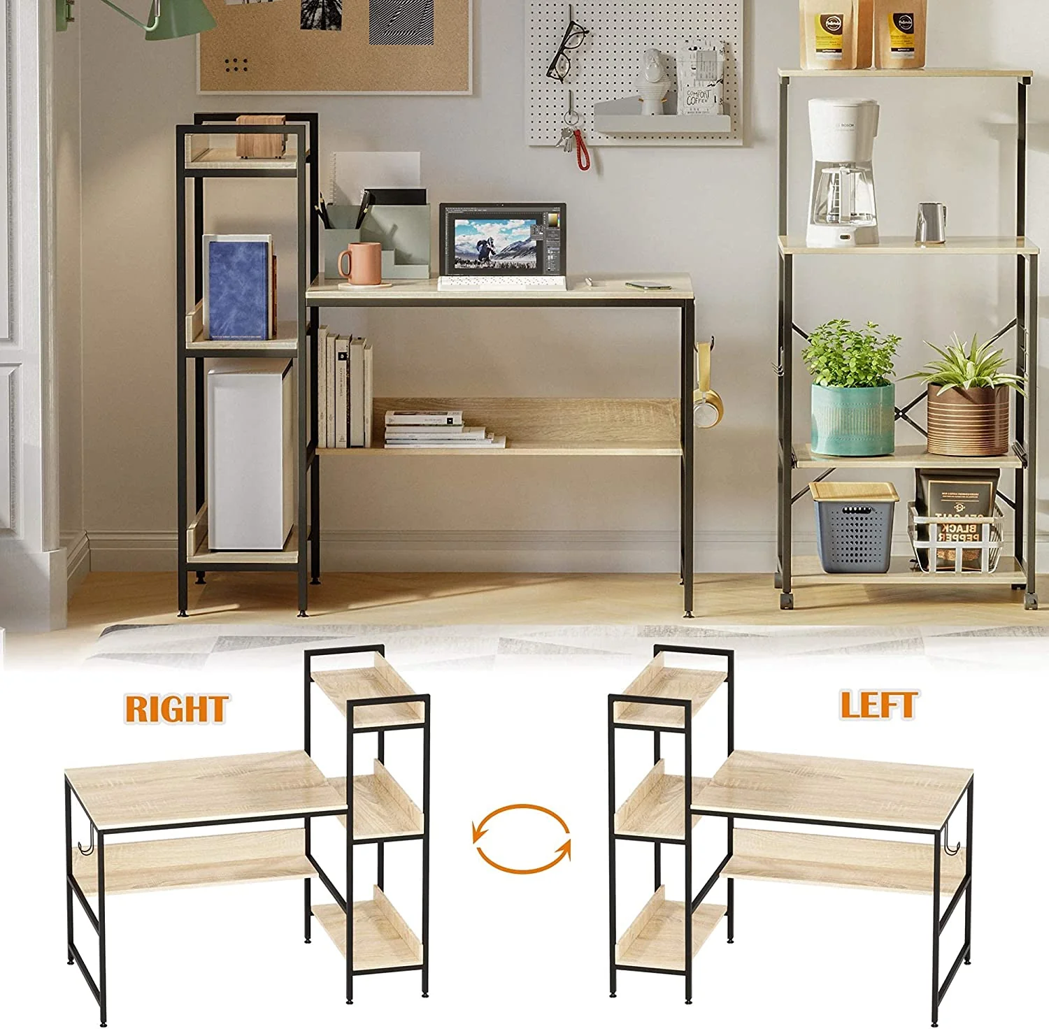 Bestier Computer Office Desk Workstation with Side Storage Shelves & Hook, Oak - Image 2