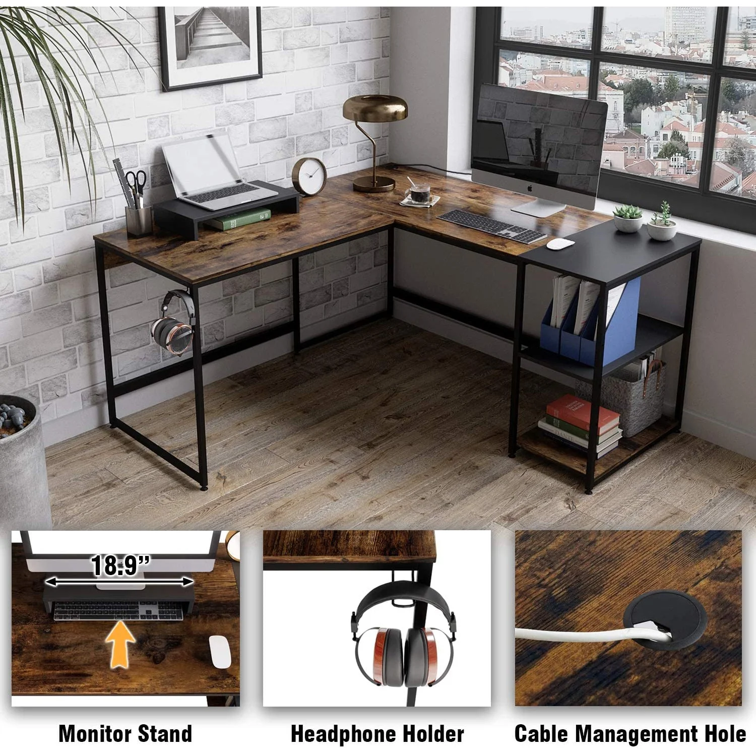 Bestier Industrial Customizable L Shaped Corner or Long Office Study Desk, Brown - Image 2