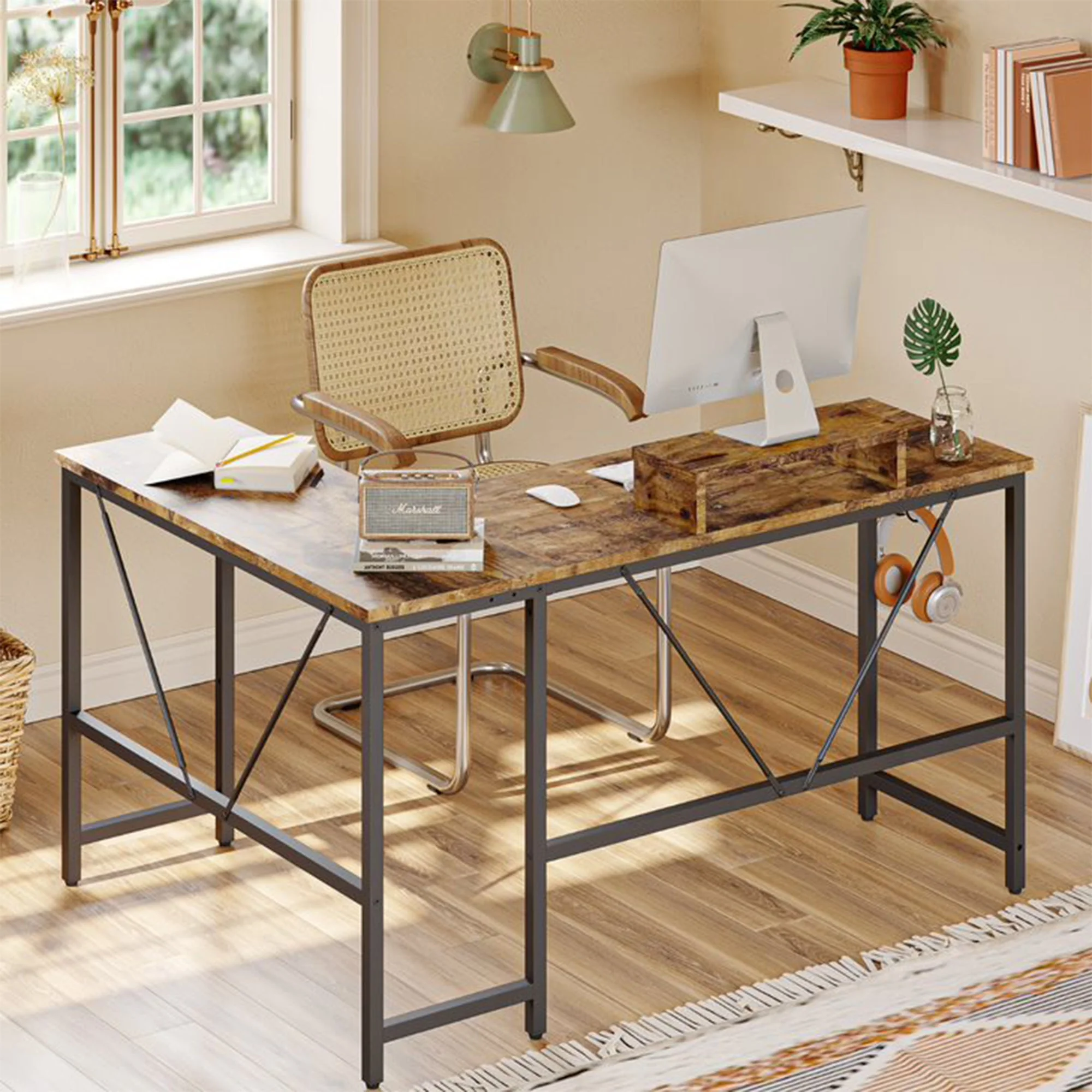 Bestier L Shape Reversible Computer Desk w/ Monitor Stand & Headset Hook, Walnut - Image 3