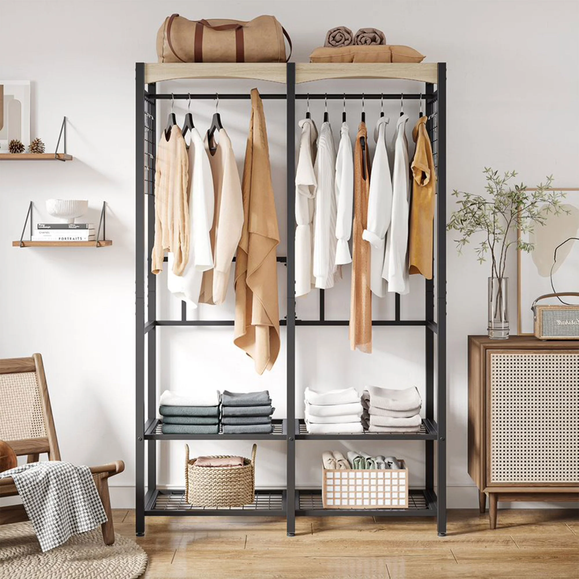 Bestier Metal Freestanding Wardrobe w/ Wood Shelf & Color Changing Lights, Black - Image 6