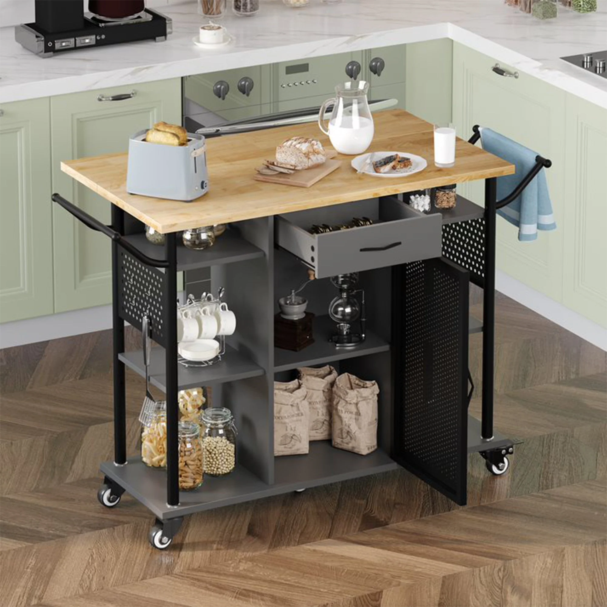 Bestier Rolling Kitchen Utility Cart with Collapsible Surface Extender, Grey - Image 7