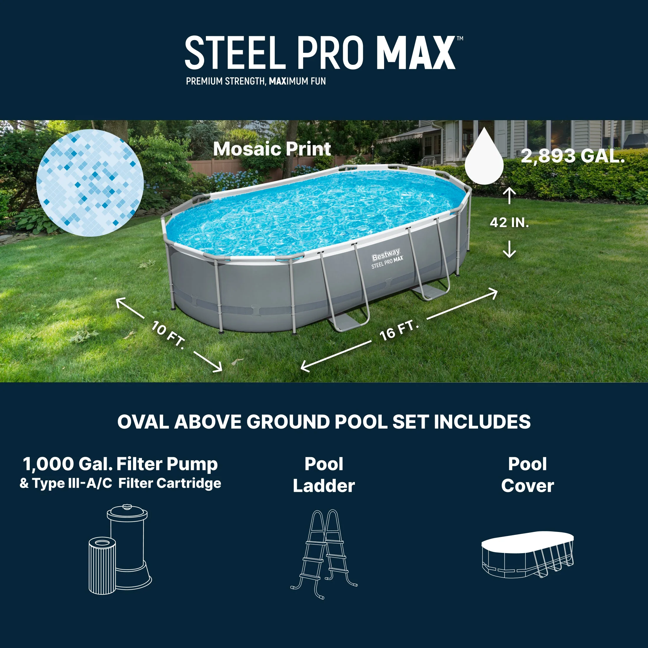 Bestway Steel Pro MAX 16' x 10' x 42" Oval Above Ground Swimming Pool Set - Image 3