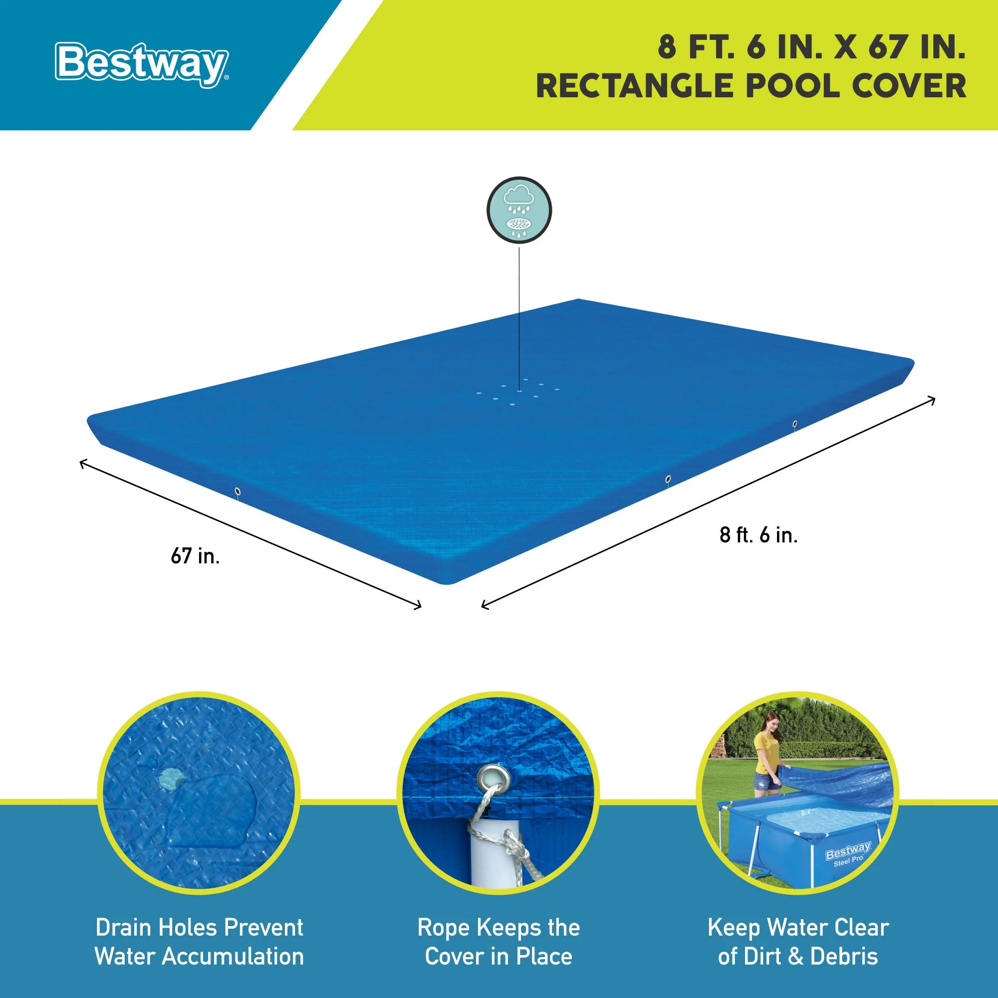 Bestway Rectangular 118" x 79" Above Ground Outdoor Swimming Pool Cover, Blue - Image 3