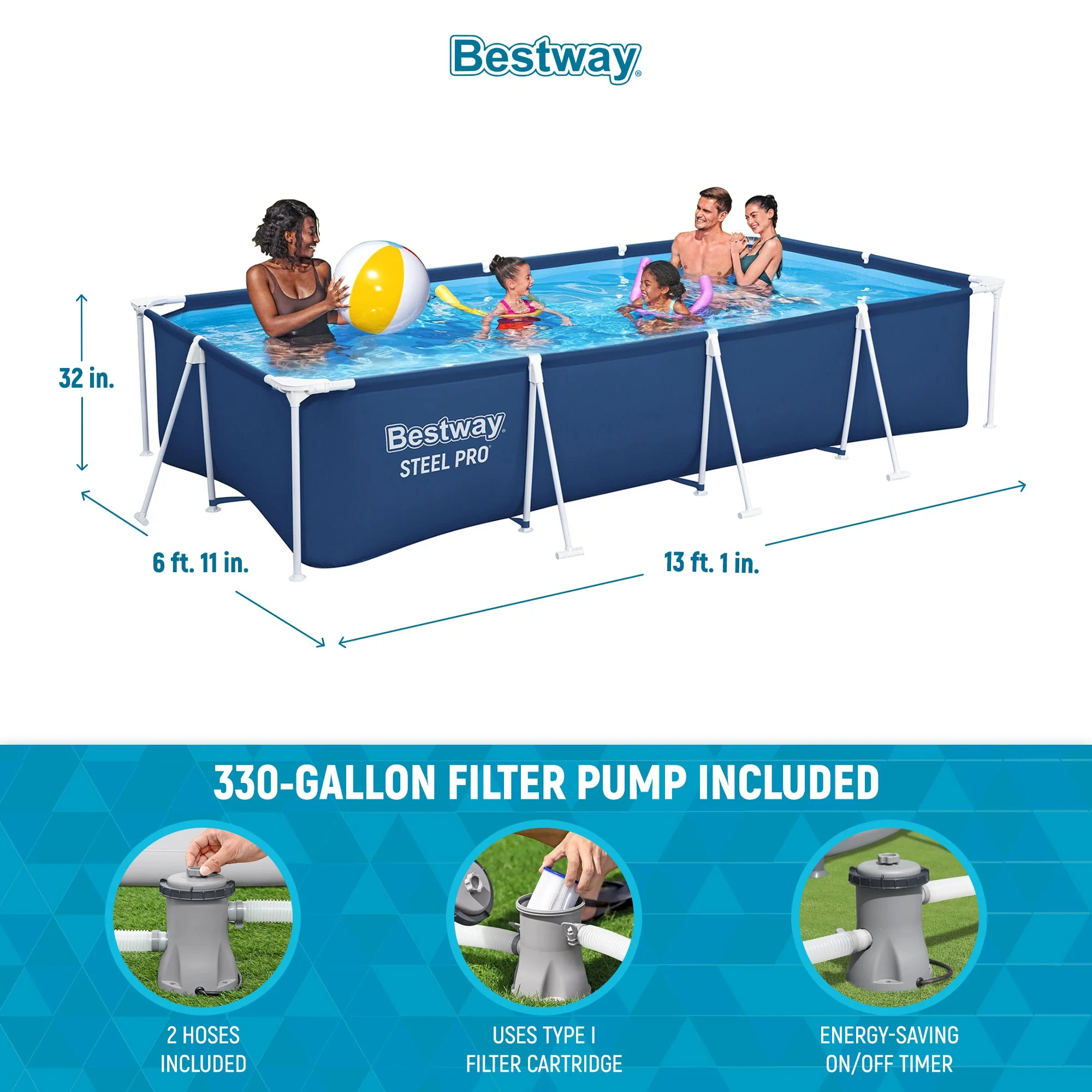 Bestway Steel Pro 13 Foot x 32 Inch Rectangular Above Ground Swimming Pool, Blue - Image 3