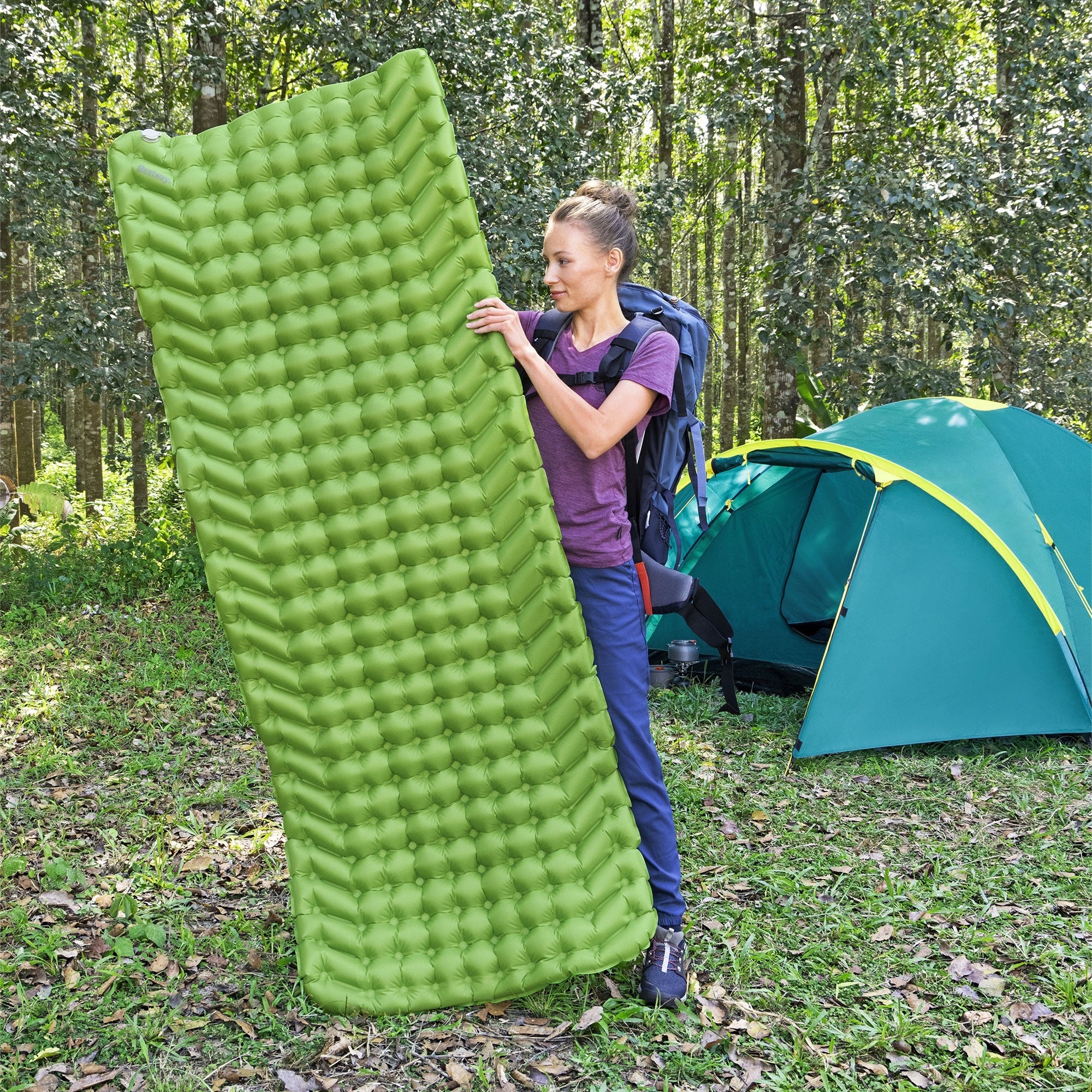 Bestway WanderLite Large Rectangular Sleeping Air Pad with Storage Bag, Green - Image 7