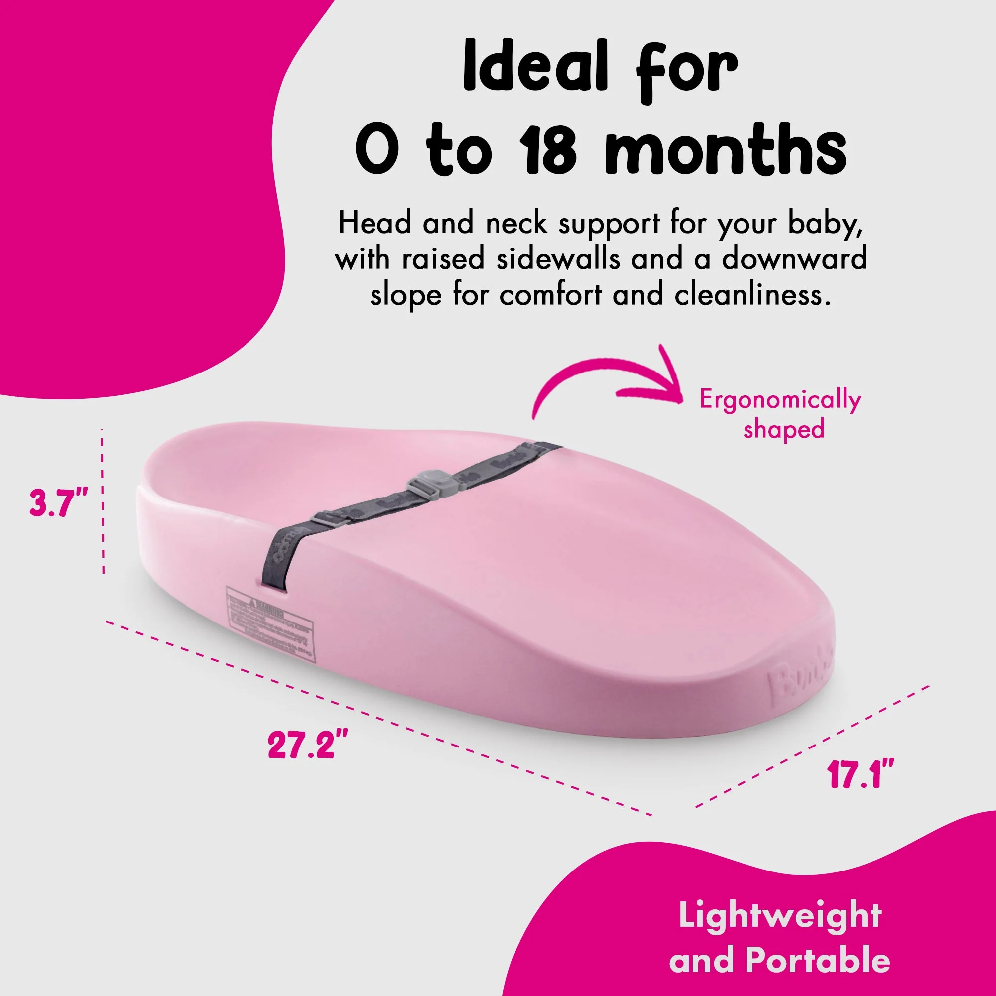 Bumbo Diaper Changing Pad, Ergonomic Baby Changing Mat with Safety Belt, Pink - Image 3