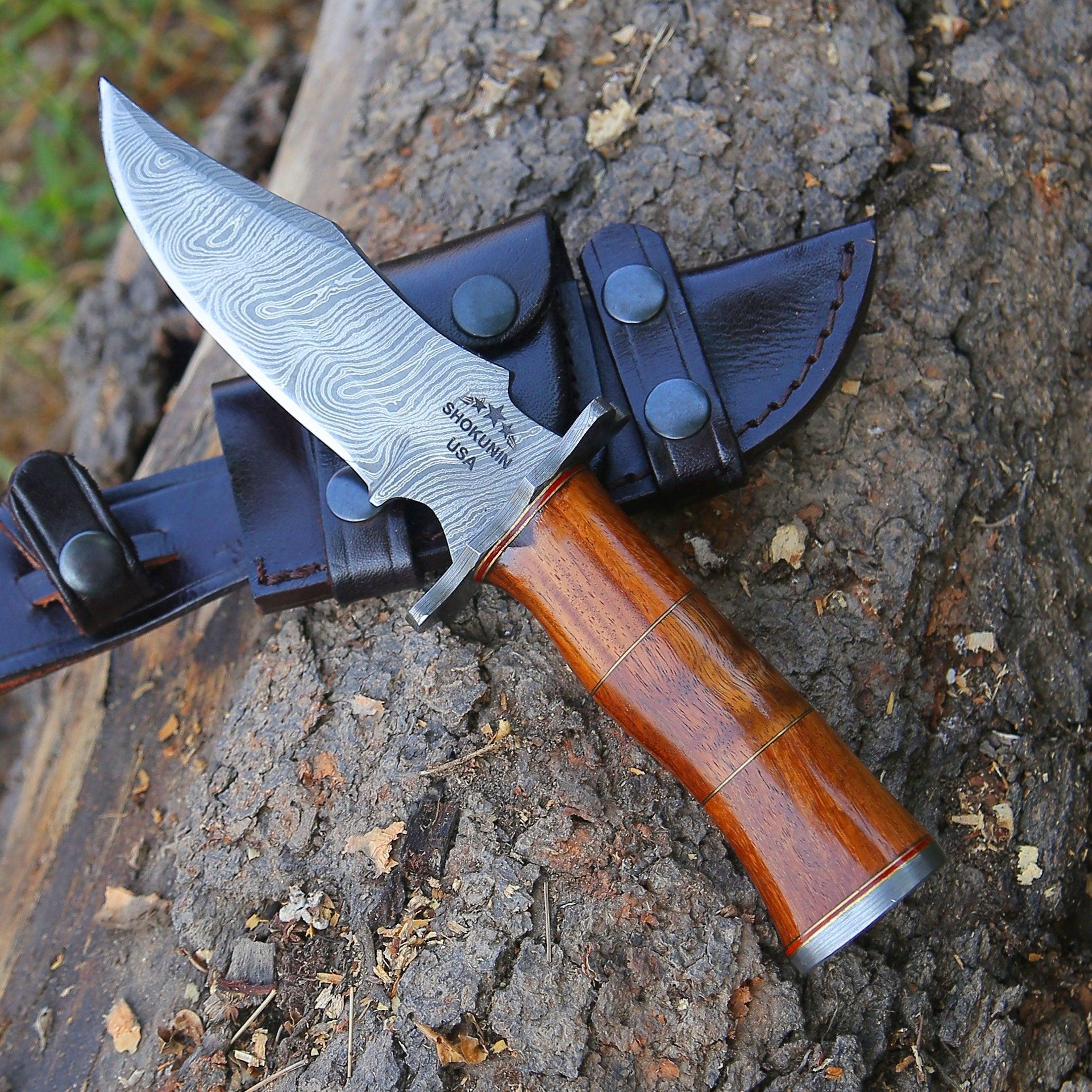Hornet Custom Damascus Hunting Knife with Rosewood Handle & Sheath - Image 7