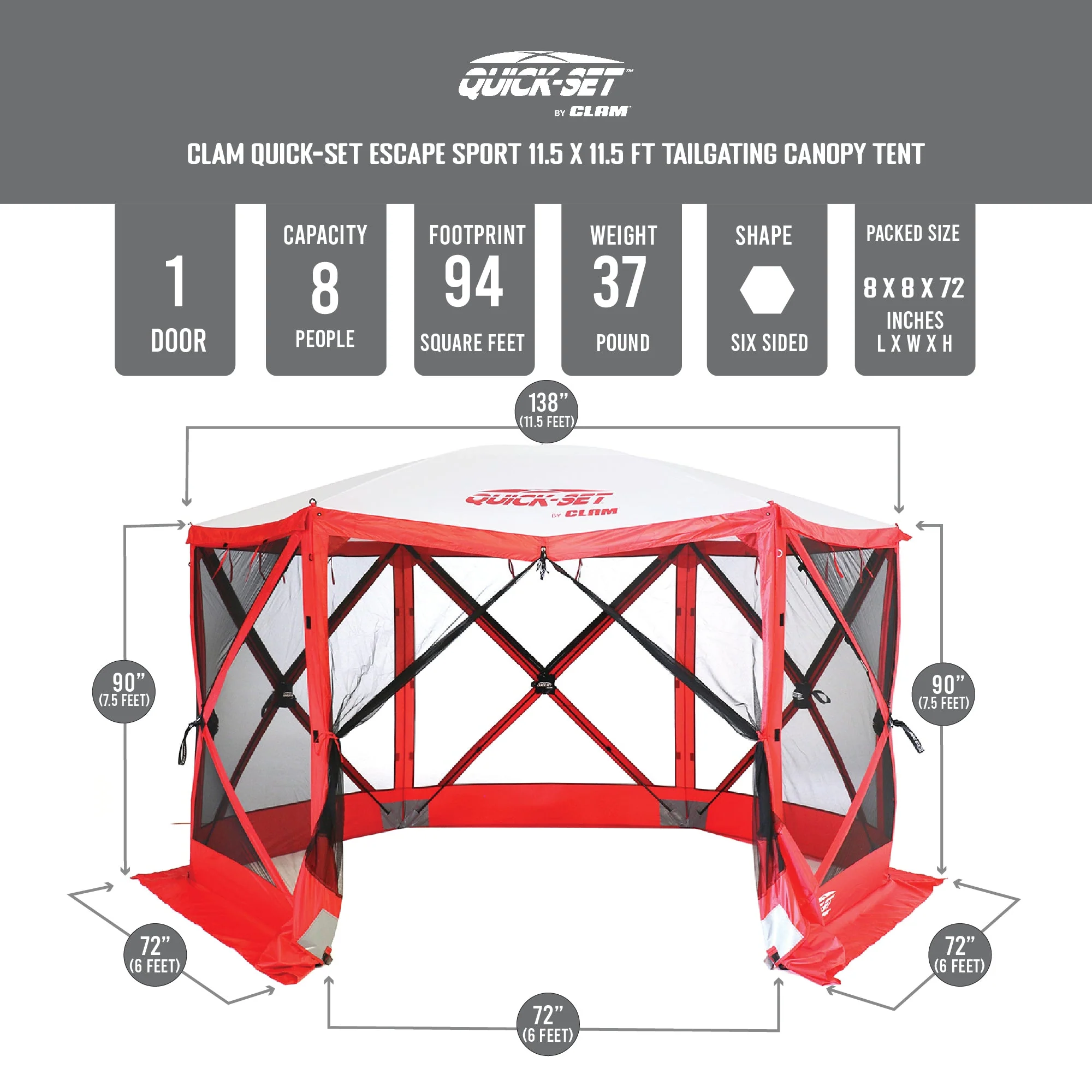 CLAM Quick-Set Escape Sport 11.5 x 11.5 Ft Tailgating Canopy Tent, Red/White - Image 2