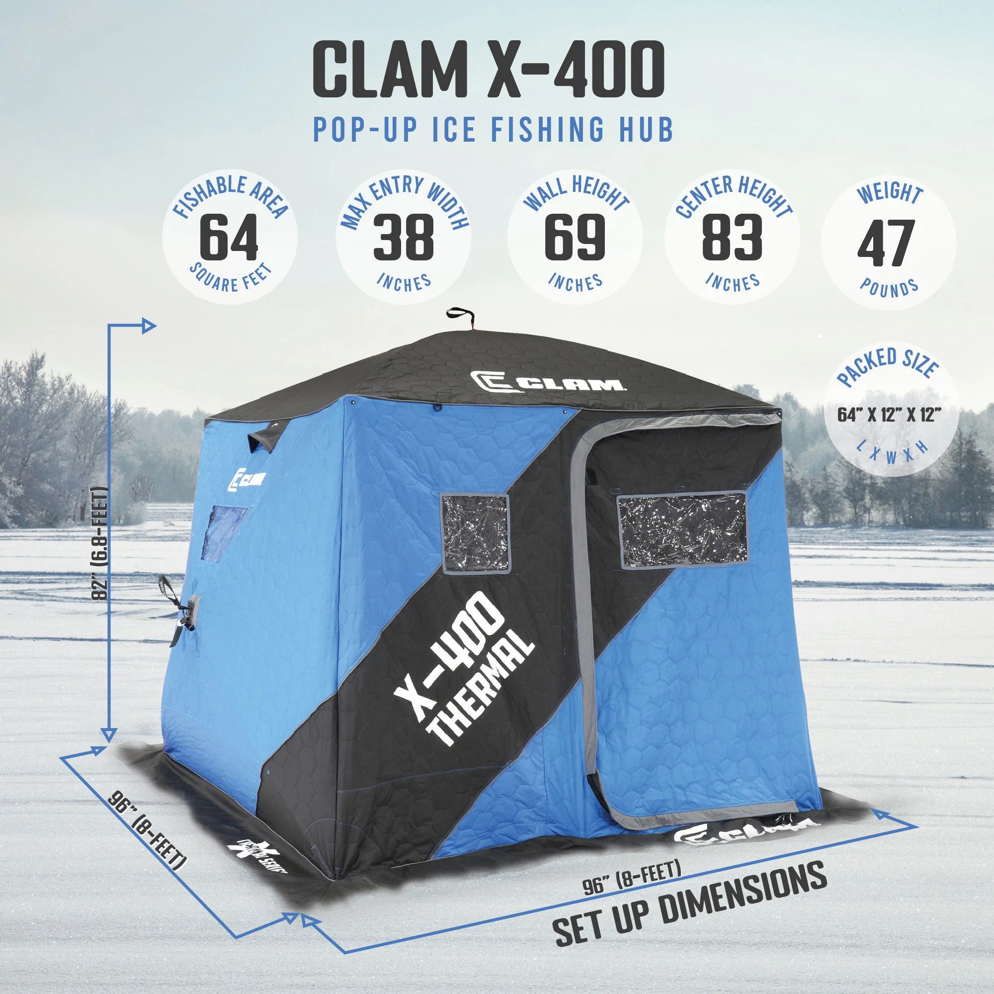 CLAM X-400 Portable 8 Ft 4 Person Pop Up Ice Fishing Thermal Hub Shelter Tent - Image 2