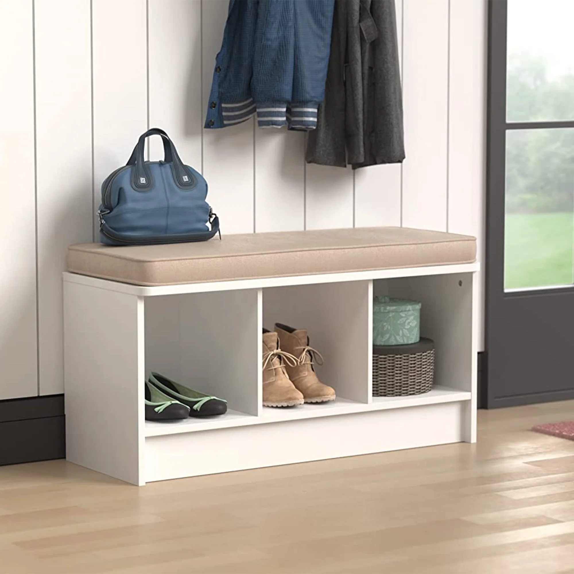 ClosetMaid 3 Cube Cubby Storage Organizer Bench with Seat Cushion, White/Tan - Image 11