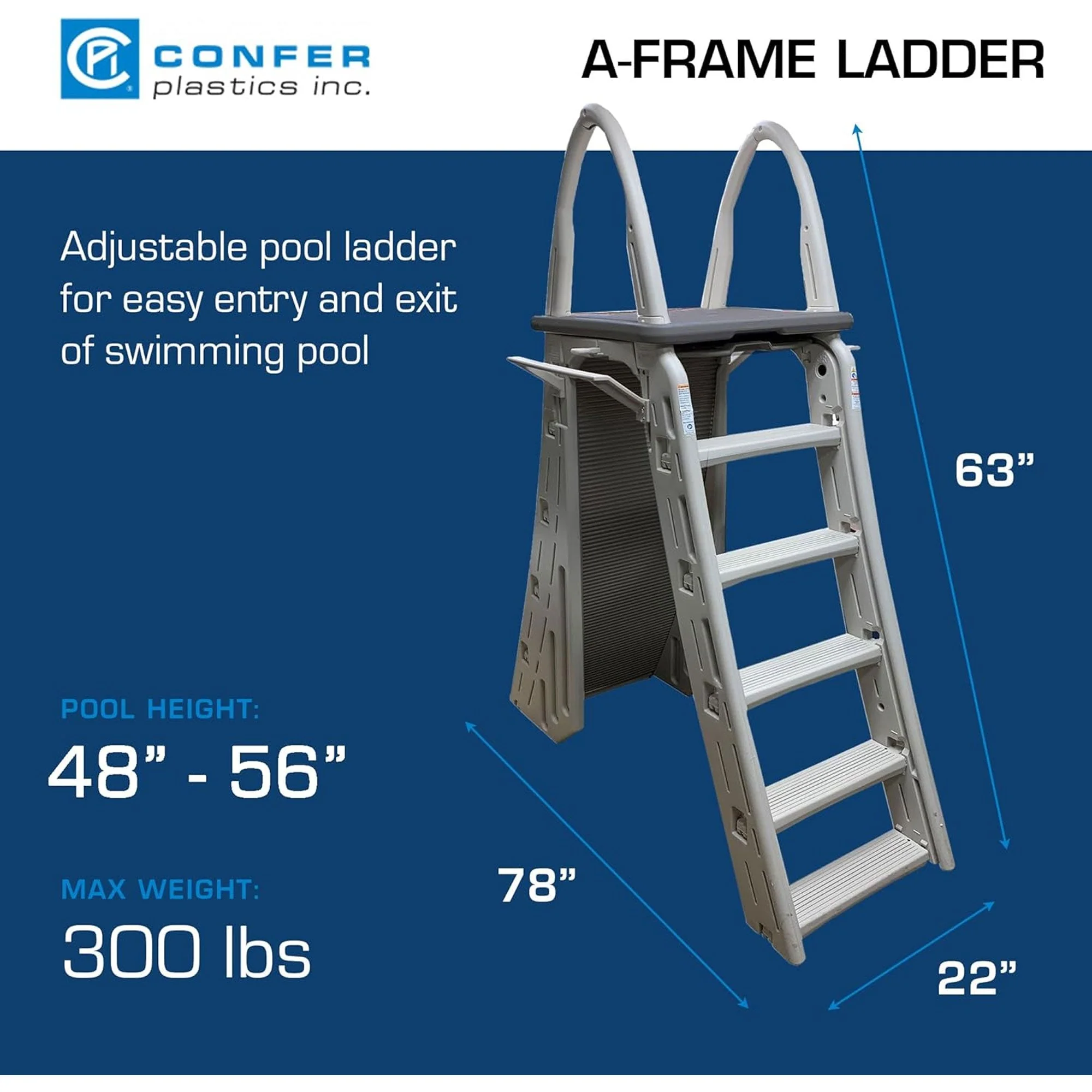 Confer Plastics Roll-Guard Adjustable 48-56" A-Frame Pool Safety Ladder, Gray - Image 5