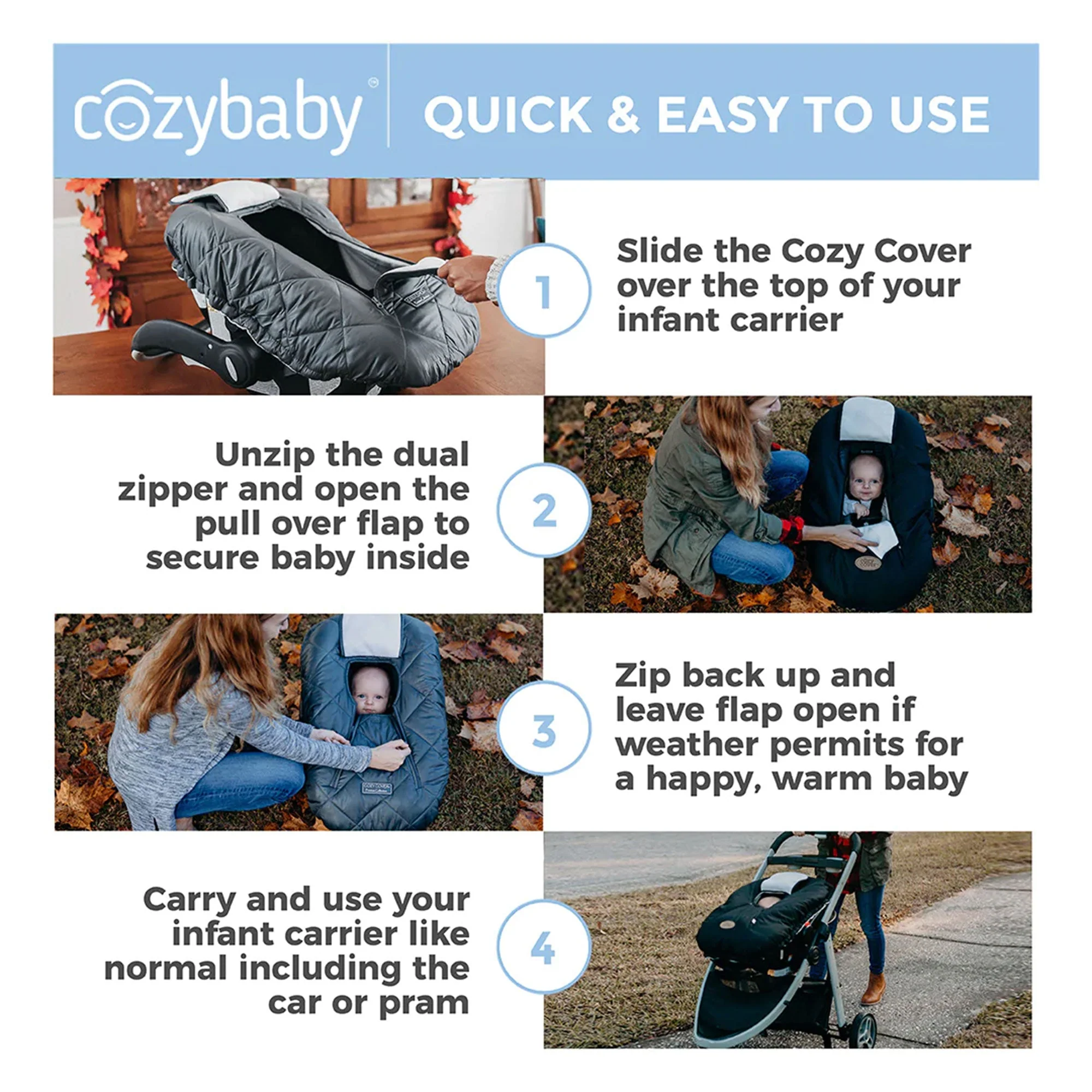 CozyBaby Premium Infant Car Seat Cover with Dual Zippers & Elastic Edge, Black - Image 5