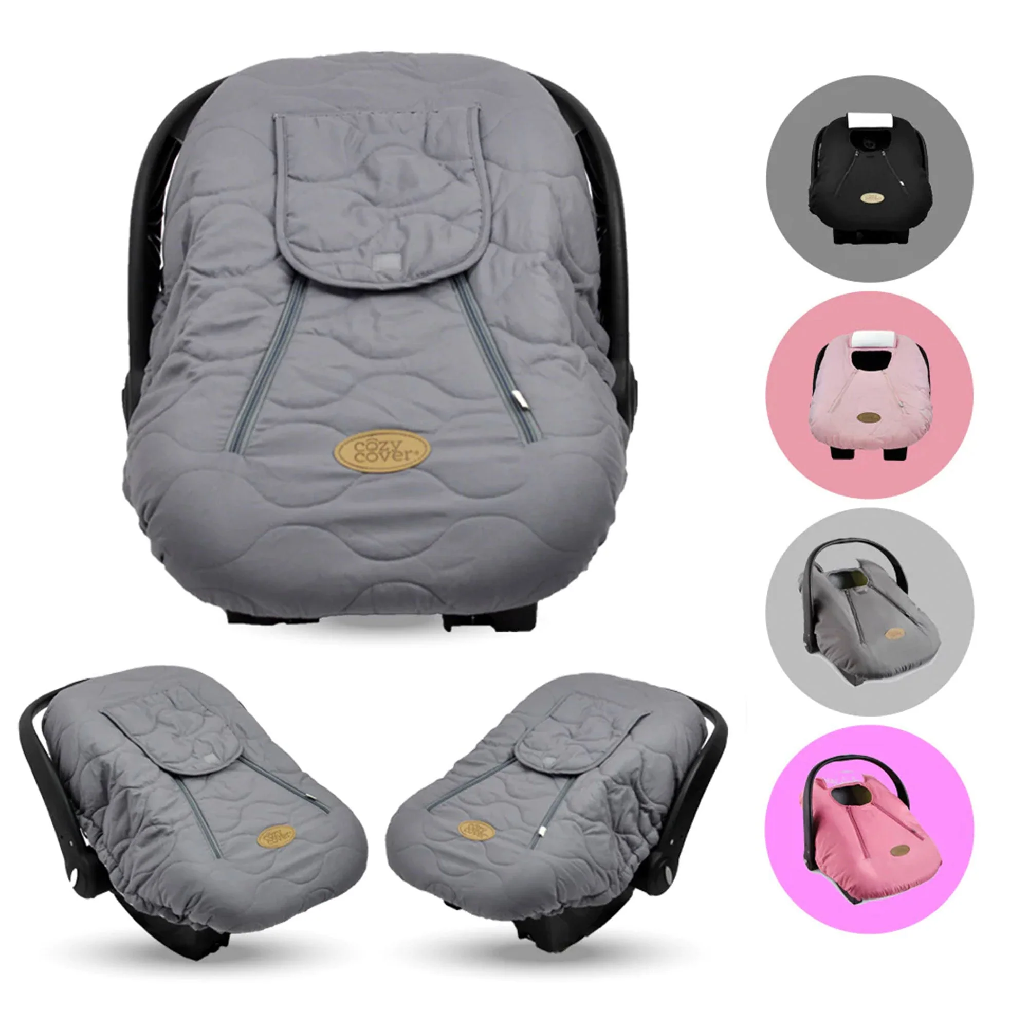 CozyBaby Quilted Infant Car Seat Cover with Dual Zippers and Elastic Edge, Gray - Image 8