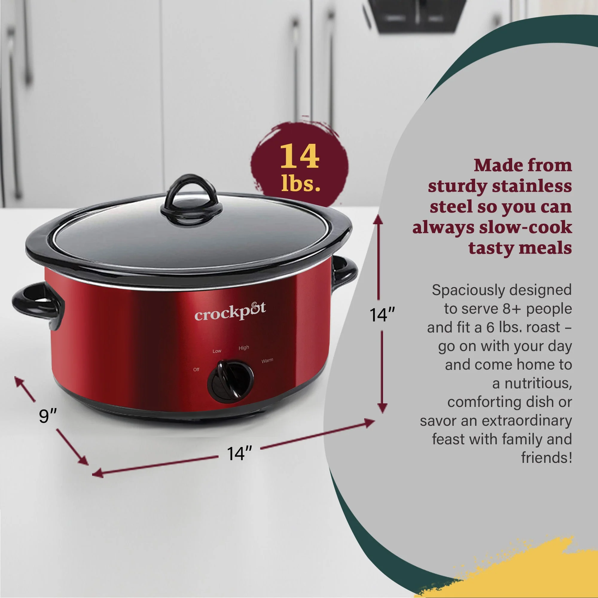 Crock-Pot 7 Quart Capacity Food Slow Cooker Home Cooking Kitchen Appliance, Red - Image 3