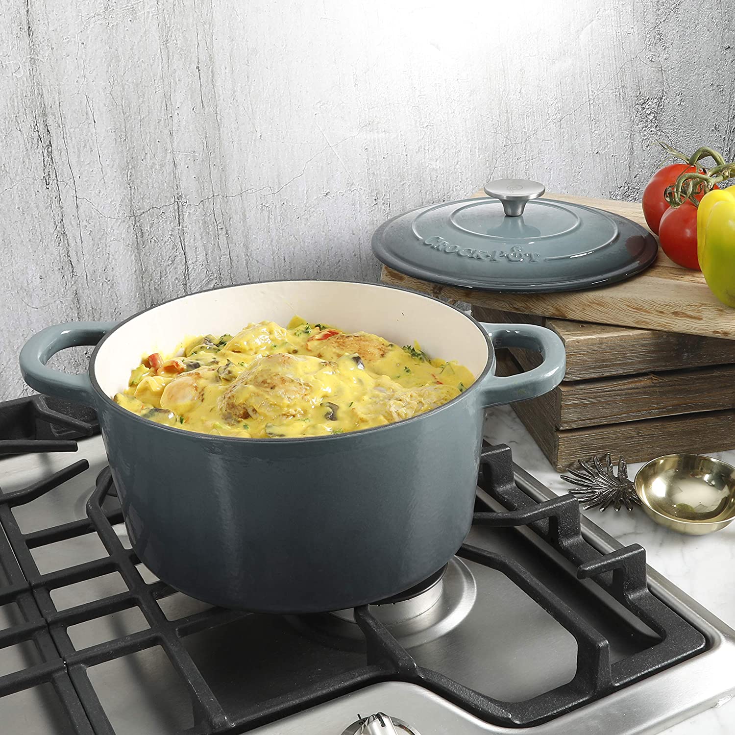 Crock-Pot 7 Quart Round Enamel Cast Iron Covered Dutch Oven Cooker, Slate Gray - Image 7