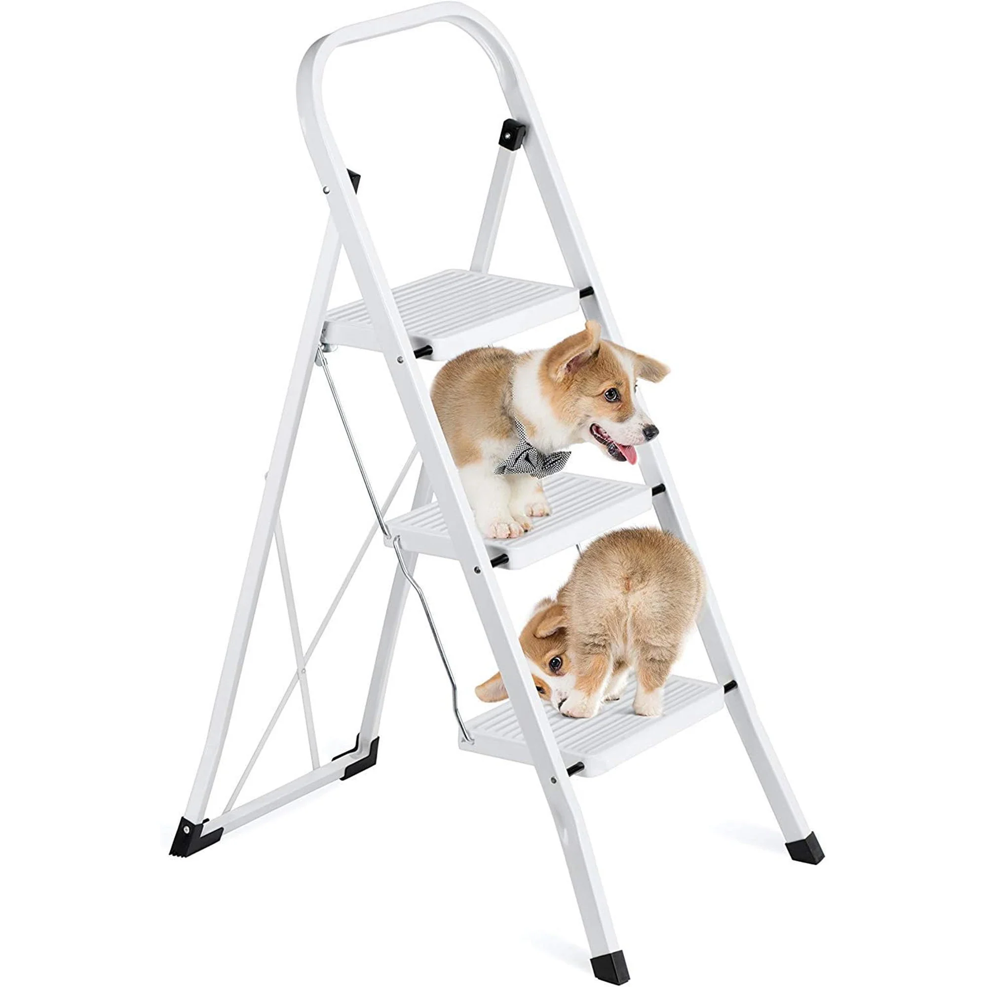 Delxo Folding Portable Steel Non Slip 3 Step Stool Stepladder w/Hand Grip, White - Image 5