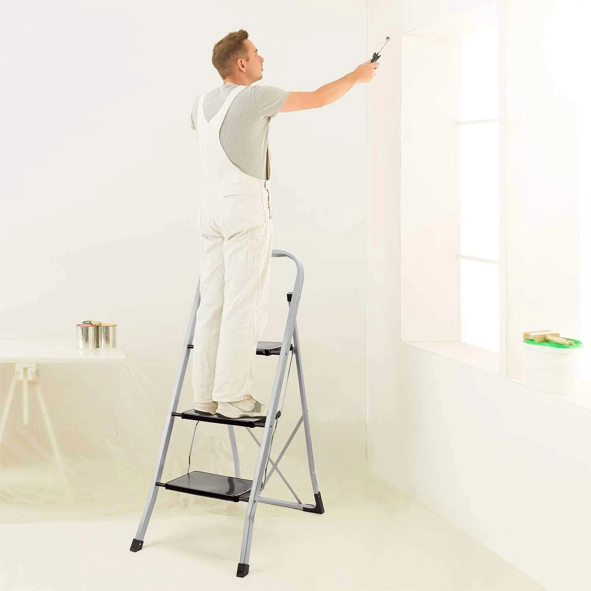 Delxo Non-Slip 3 Step Stool Folding Steel Wide Step Ladder with Hand Grip, Gray - Image 2