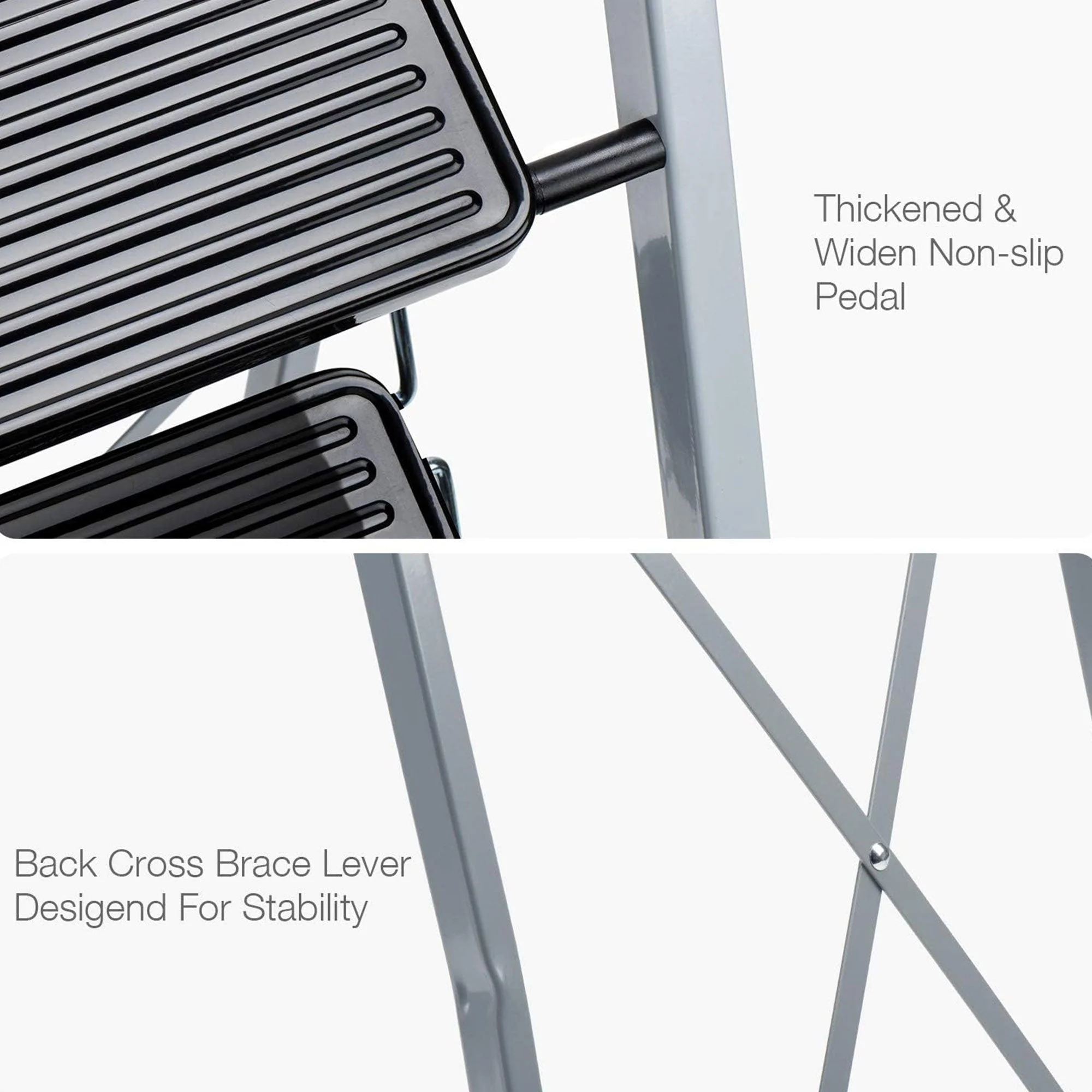 Delxo Non-Slip 3 Step Stool Folding Steel Wide Step Ladder with Hand Grip, Gray - Image 5