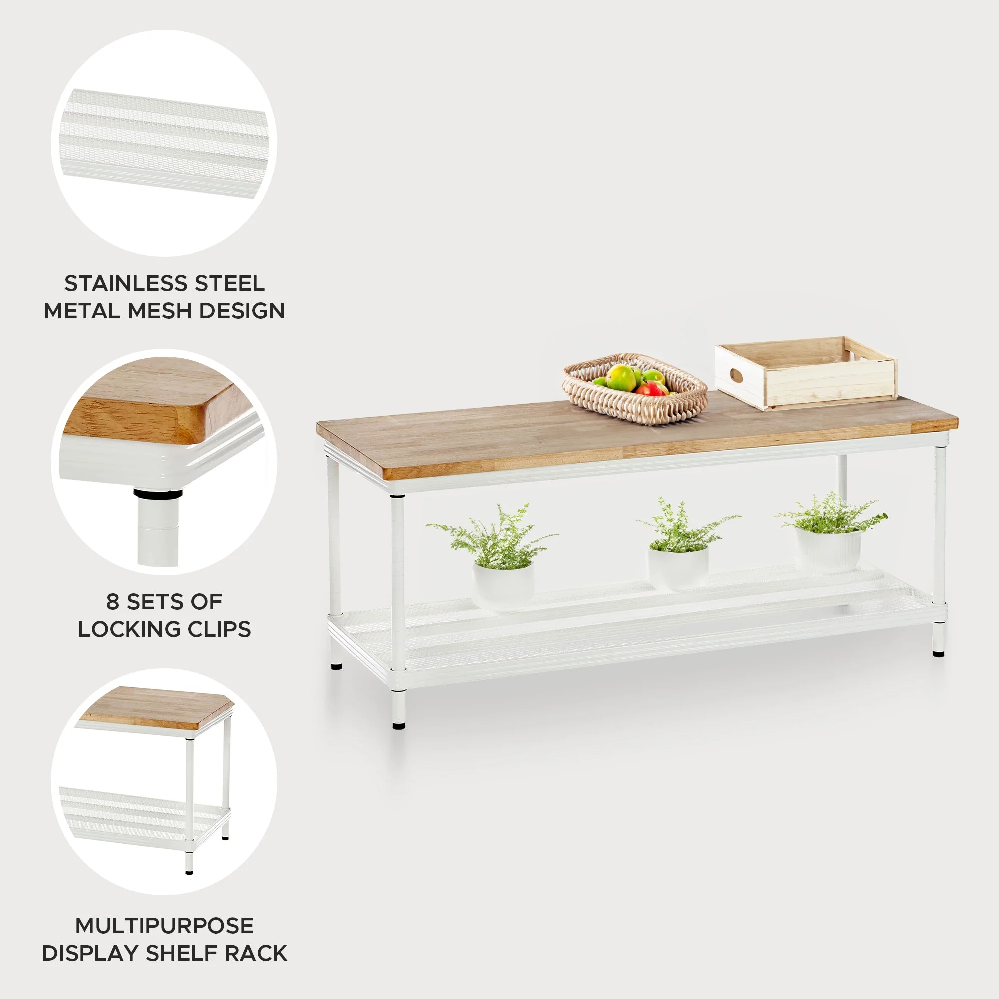 Design Ideas MeshWorks 2 Tier Wood Top Metal Storage Shelving Unit Rack, White - Image 4