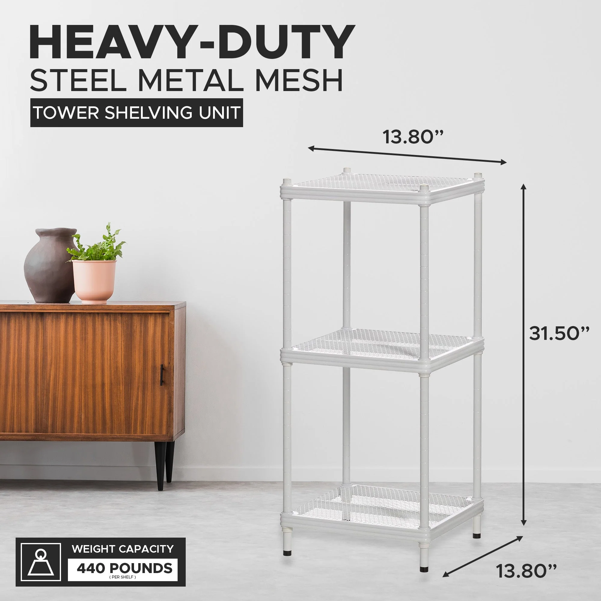 Design Ideas MeshWorks 3 Tier Tower Metal Storage Shelving Unit Rack, White - Image 7