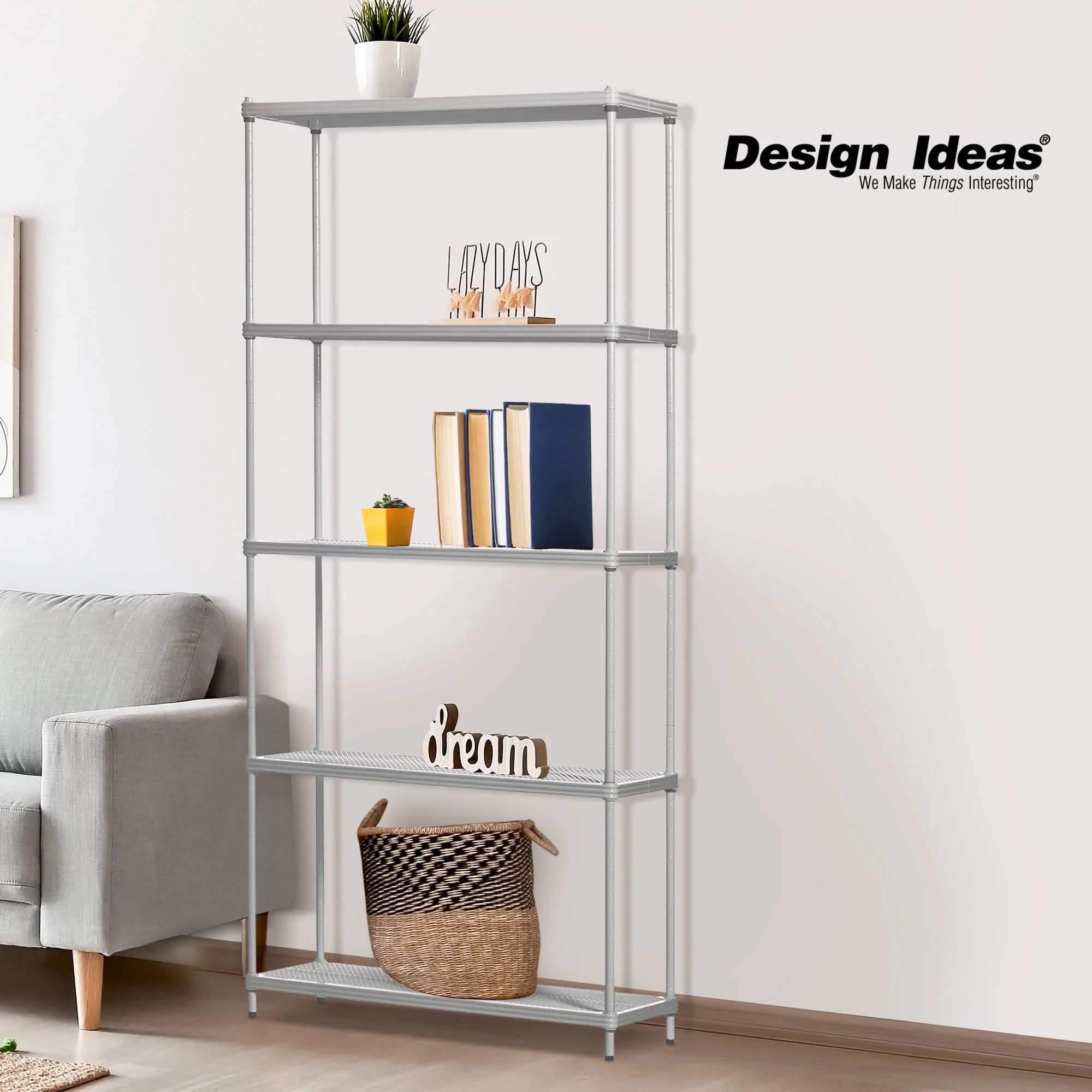 Design Ideas MeshWorks 5 Tier Metal Storage Shelving Unit Rack Bookshelf, Silver - Image 5