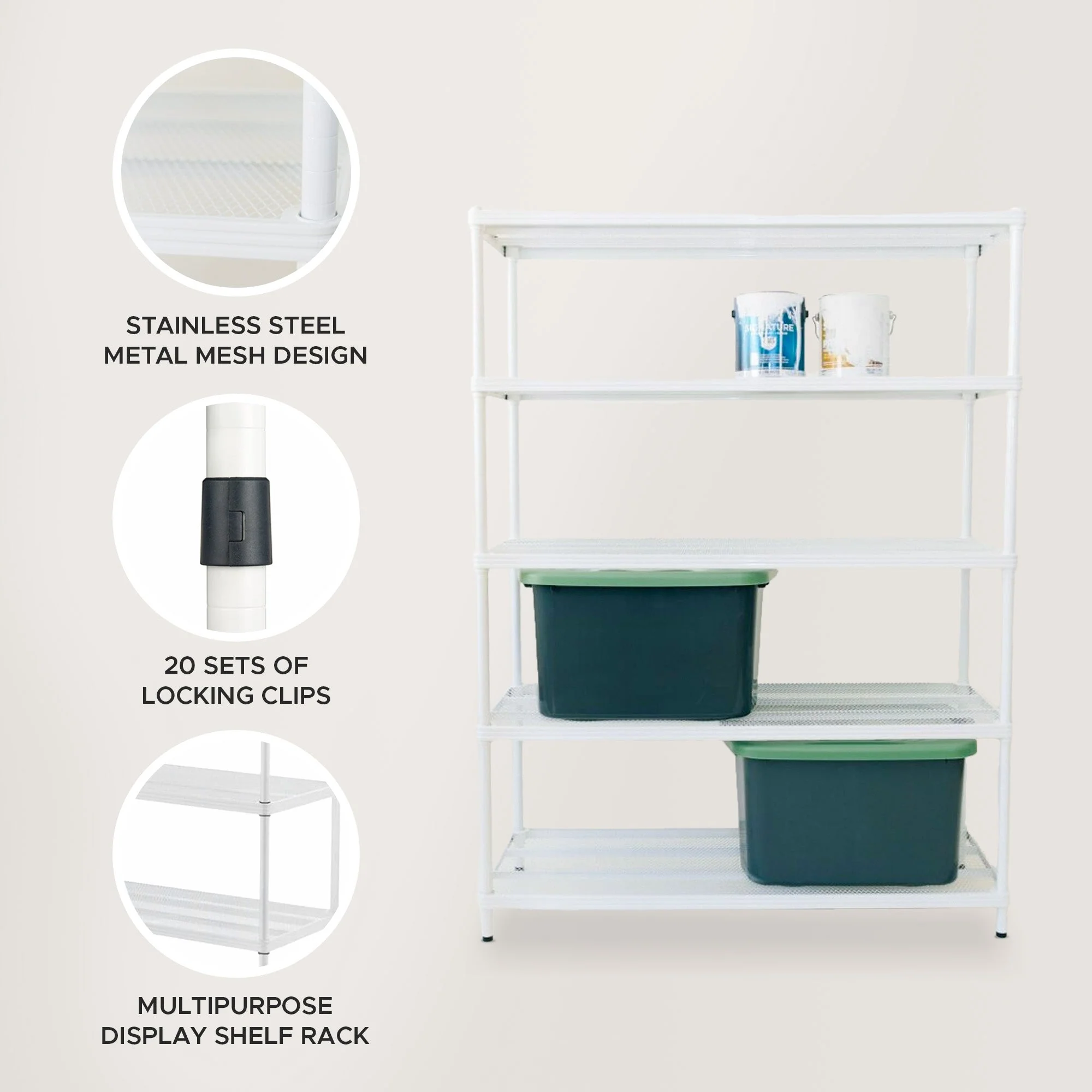 Design Ideas MeshWorks 5 Tier Shelving Unit Rack, Metal Storage Shelves, White - Image 2