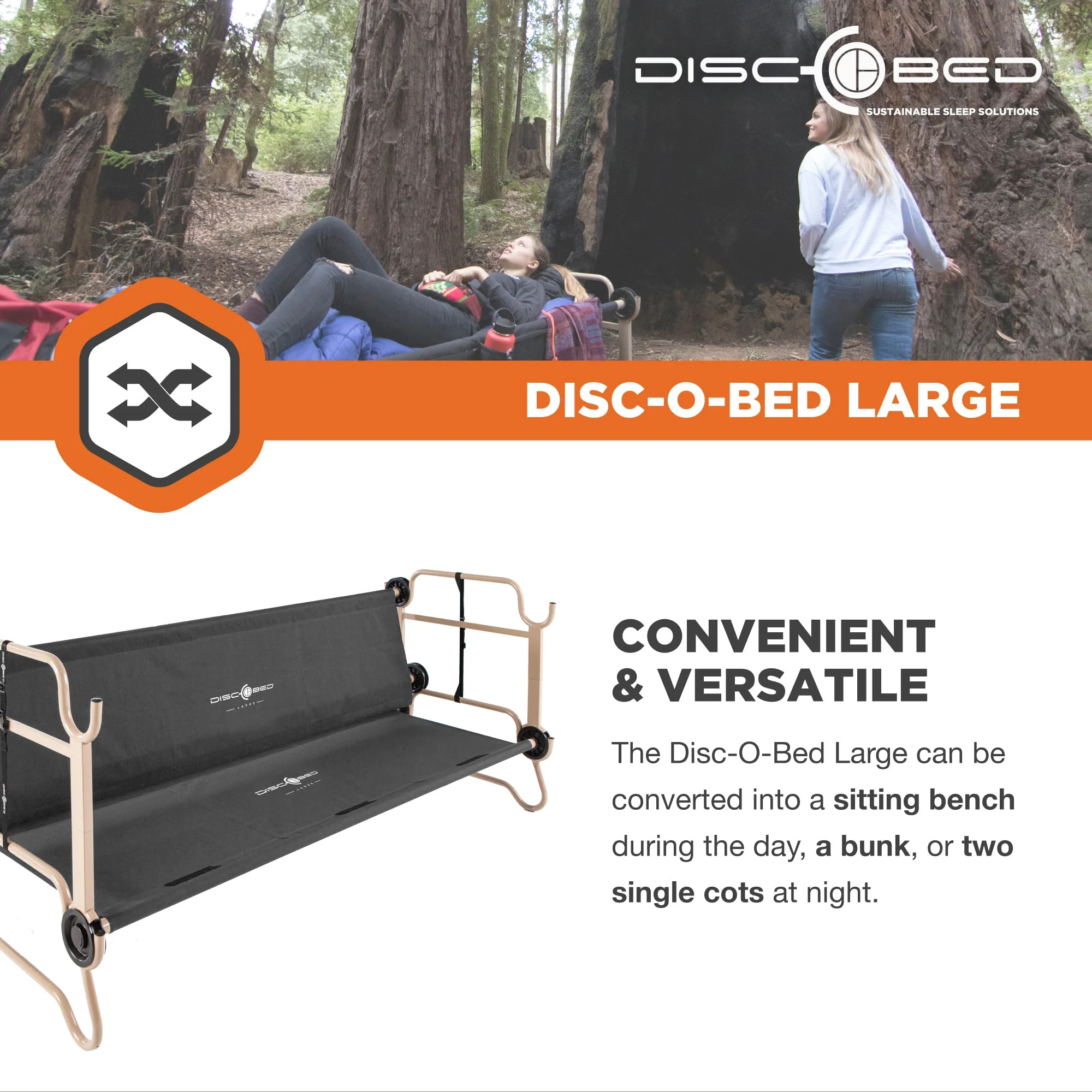 Disc-O-Bed Large Cam-O-Bunk Benchable Double Cot with Storage Organizers, Black - Image 3