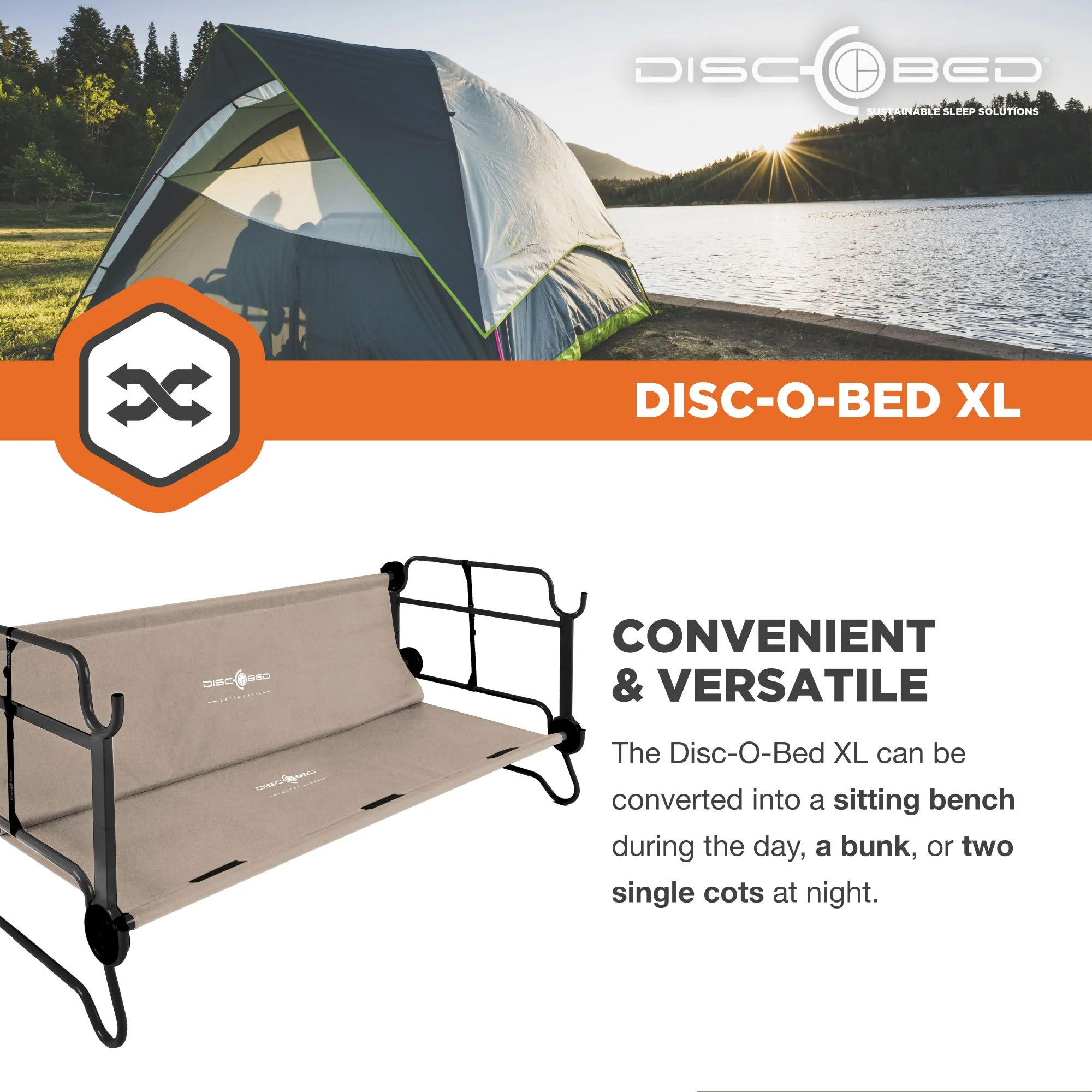 Disc-O-Bed X Large Cam-O-Bunk Benchable Double Cot with Storage Organizers, Tan - Image 3