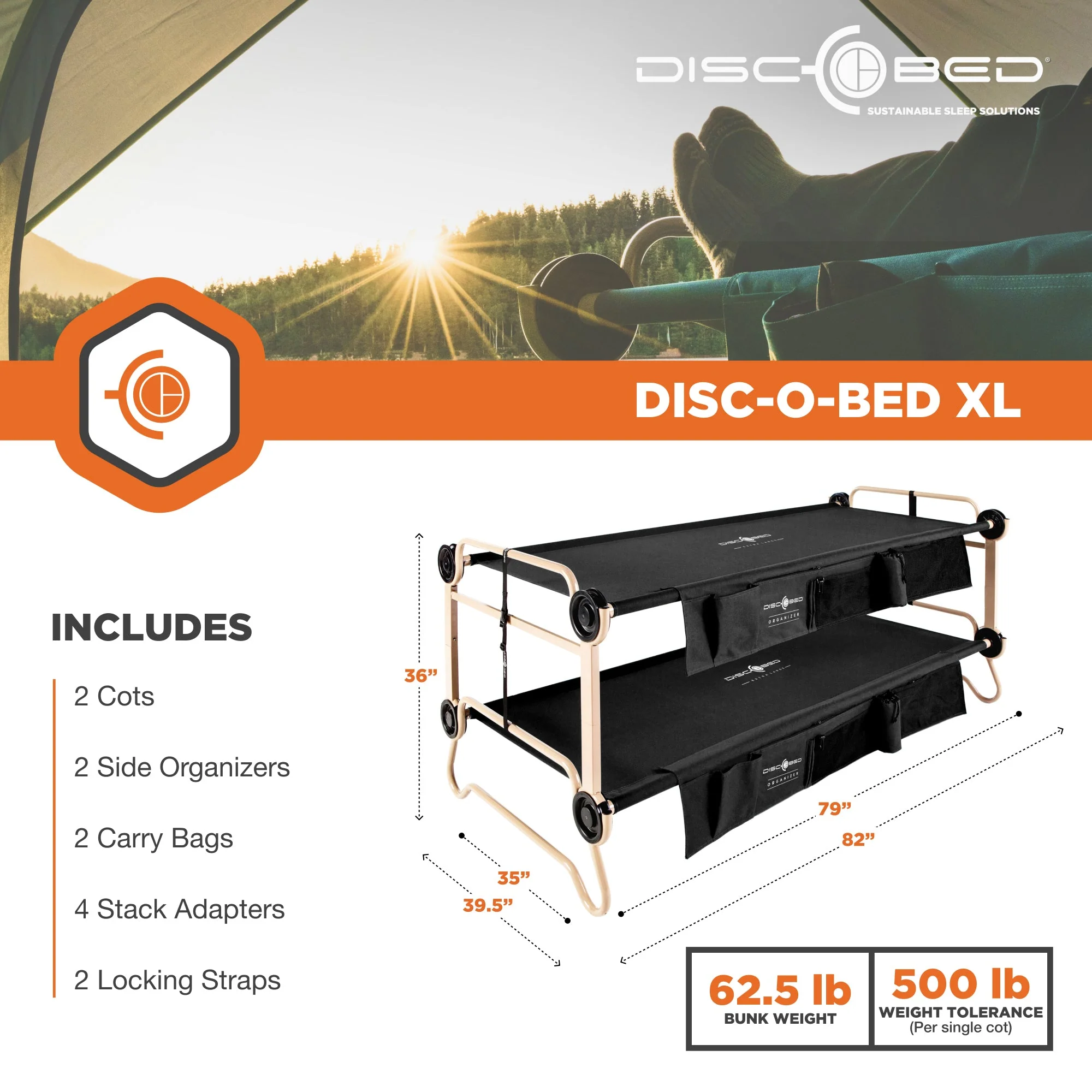 Disc-O-Bed XLarge Cam-O-Bunk Benchable Double Cot with Storage Organizers, Black - Image 6