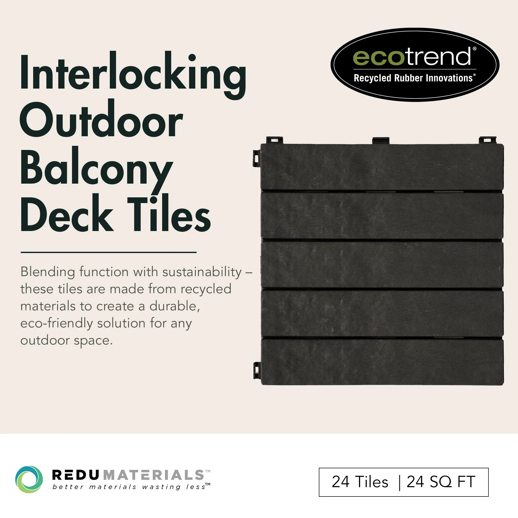 TierraVerde 12x12" Interlocking Outdoor Balcony Deck Tiles, 24-Pack, Slate Black - Image 2