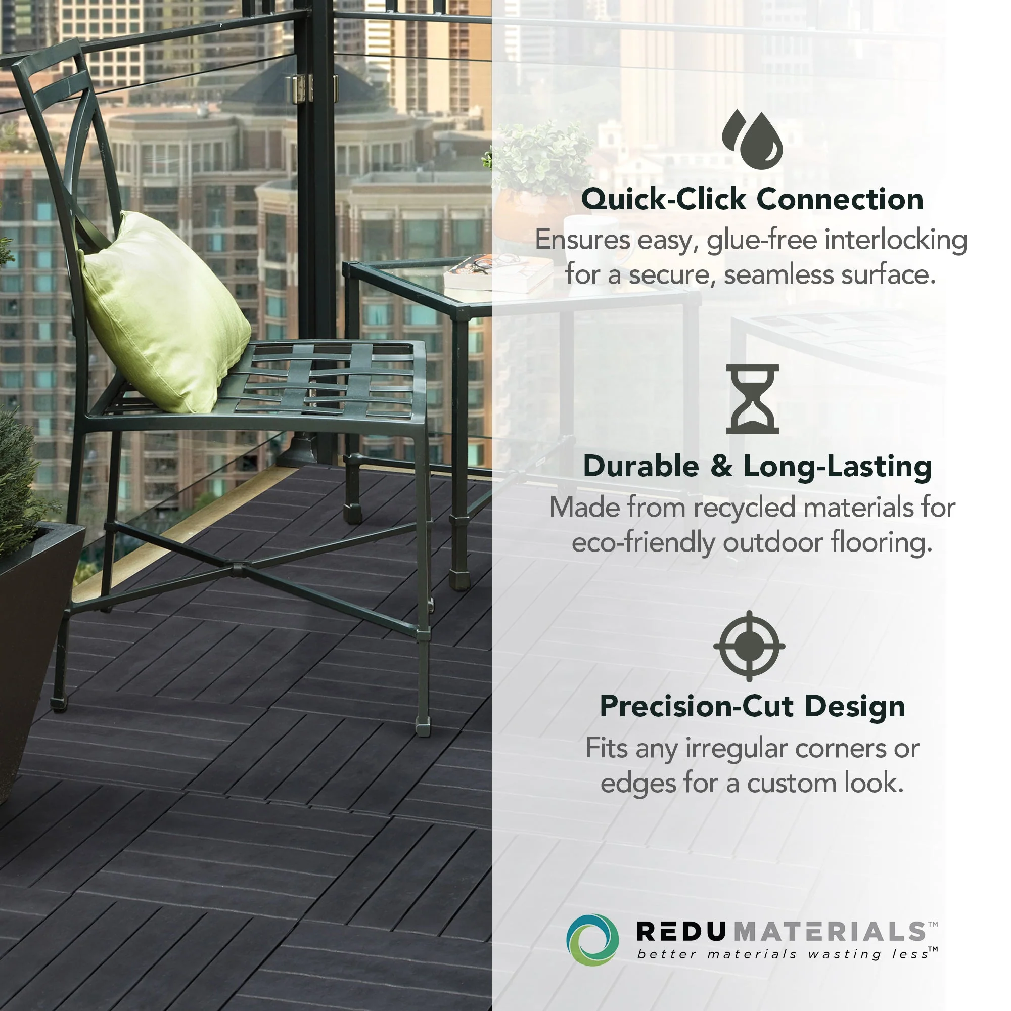 TierraVerde 12x12" Interlocking Outdoor Balcony Deck Tiles, 24-Pack, Slate Black - Image 6