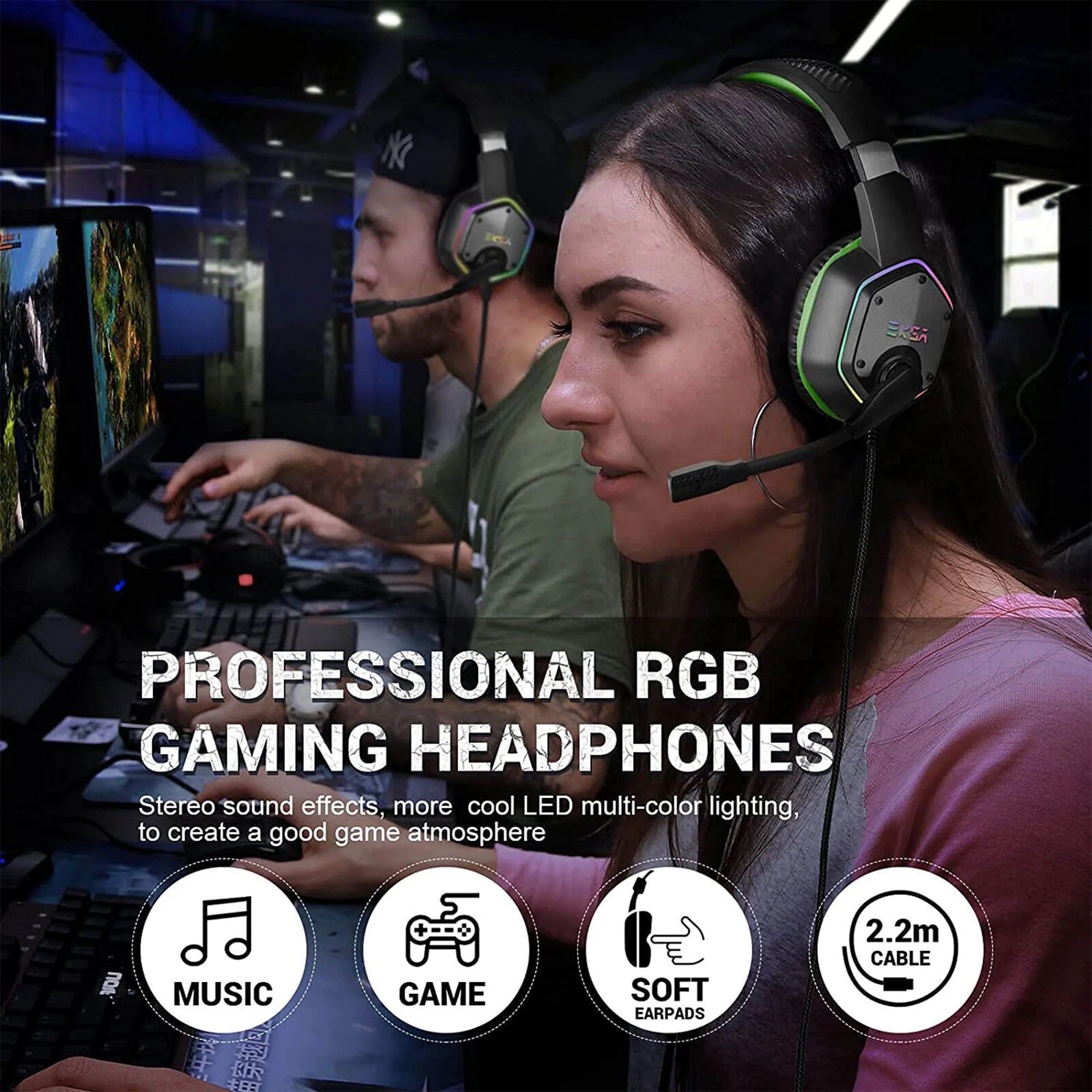 EKSA RGB Plug In USB Gaming Headset for PC, PS4, and PS5 with Microphone, Green - Image 3