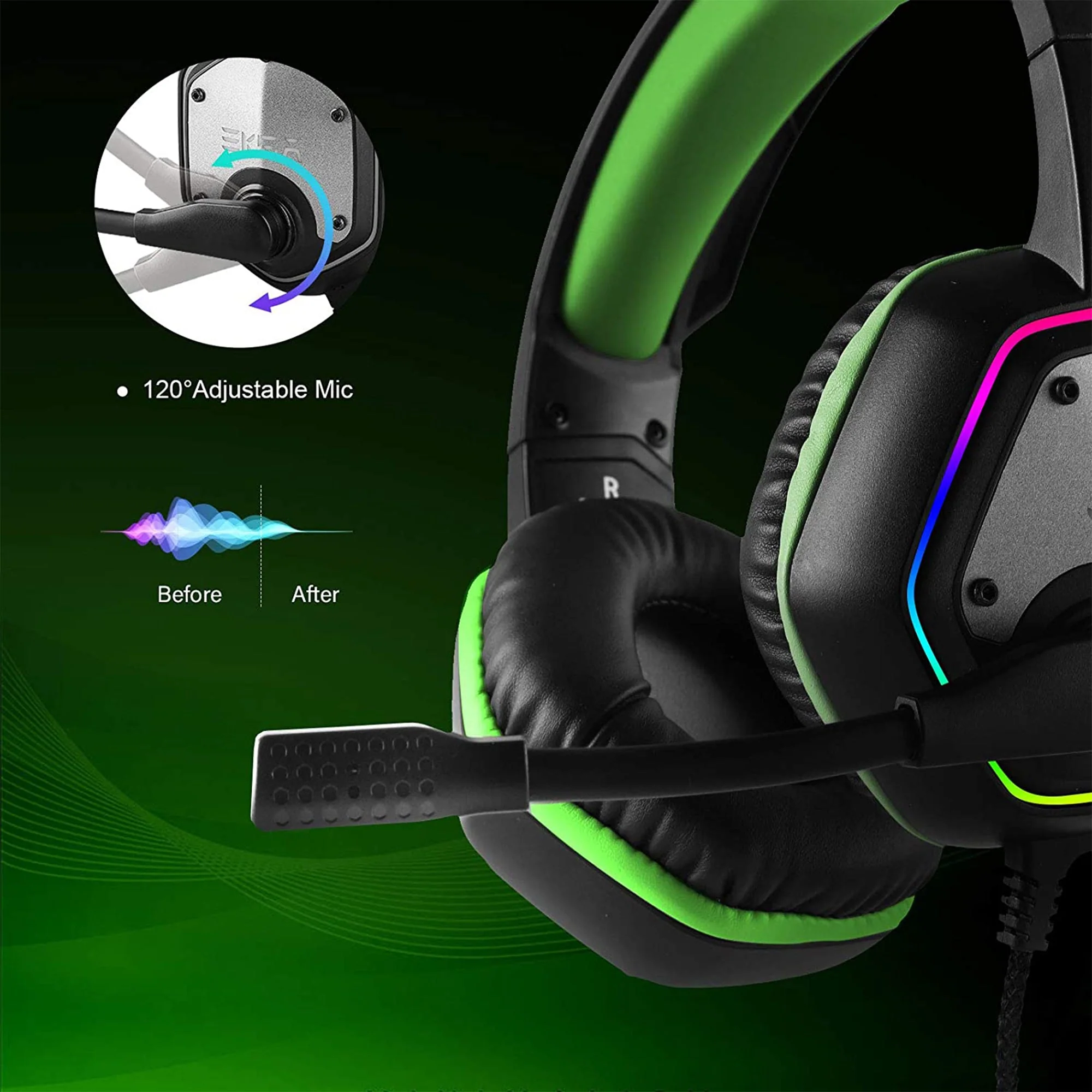 EKSA RGB Plug In USB Gaming Headset for PC, PS4, and PS5 with Microphone, Green - Image 5
