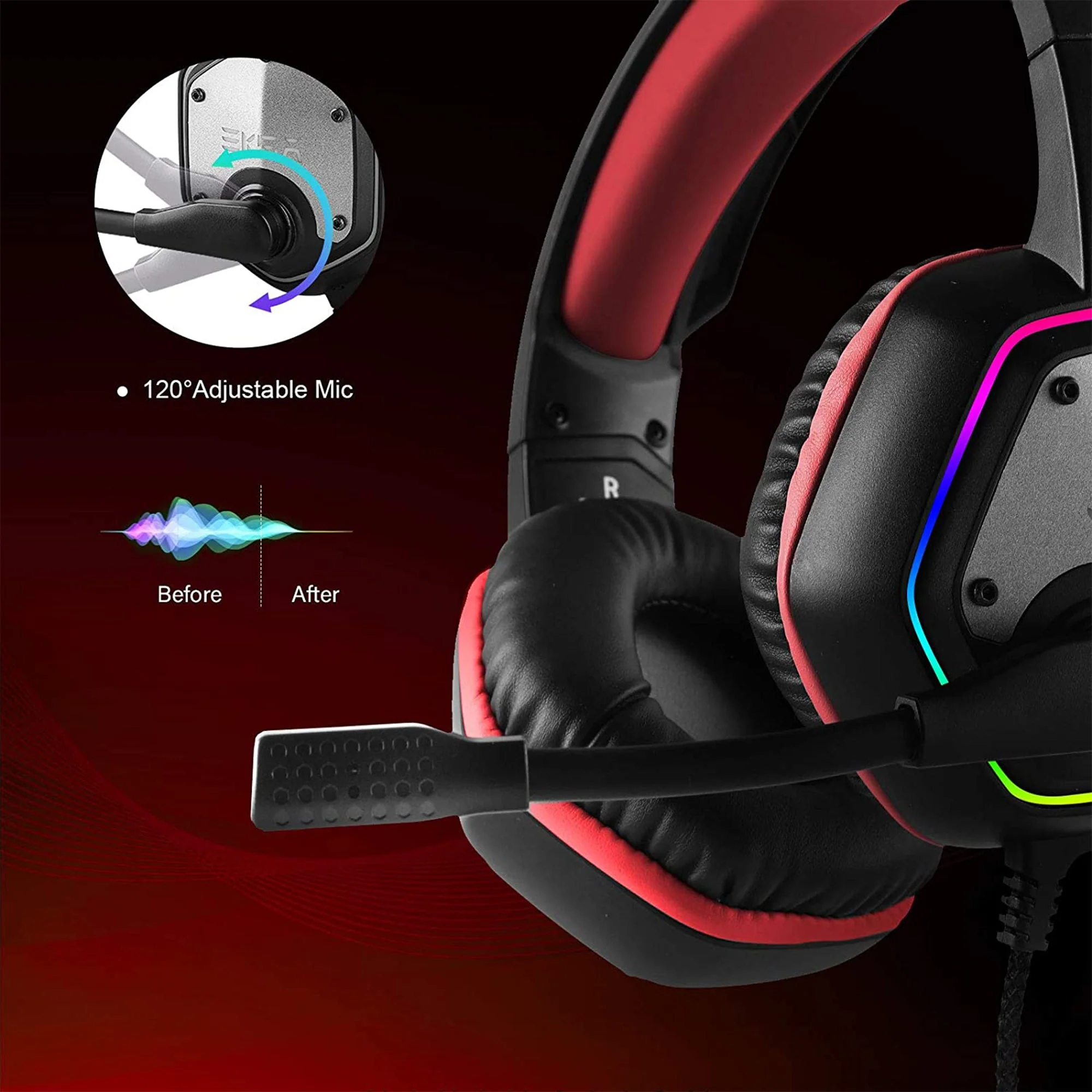 EKSA RGB Plug In USB Gaming Headset for PC, PS4, and PS5 with Microphone, Red - Image 3