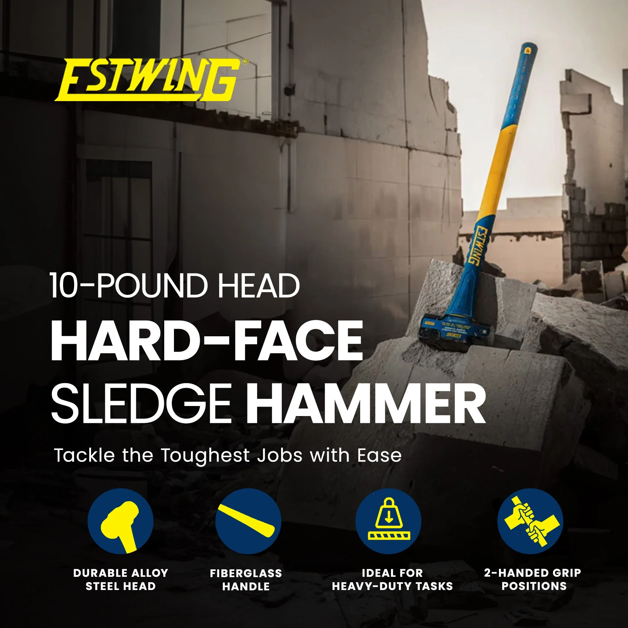 Estwing 10 Pound Head Hard Face Sledge Hammer with 36 Inch Fiberglass Handle - Image 2