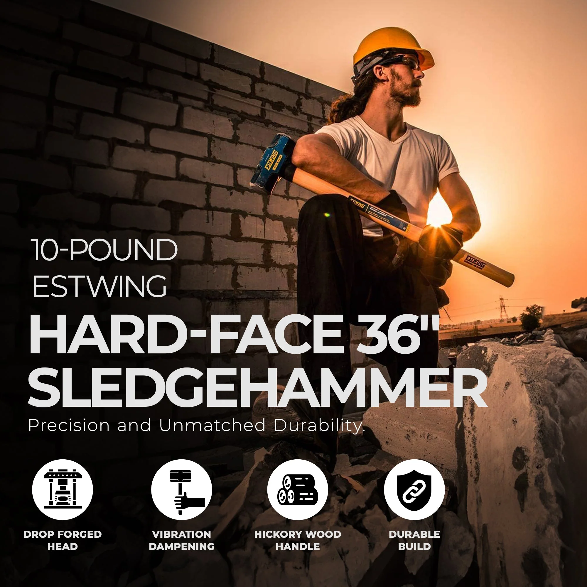Estwing 10 Pound Head Hard Face Stake Sledge Hammer with 36 Inch Hickory Handle - Image 2
