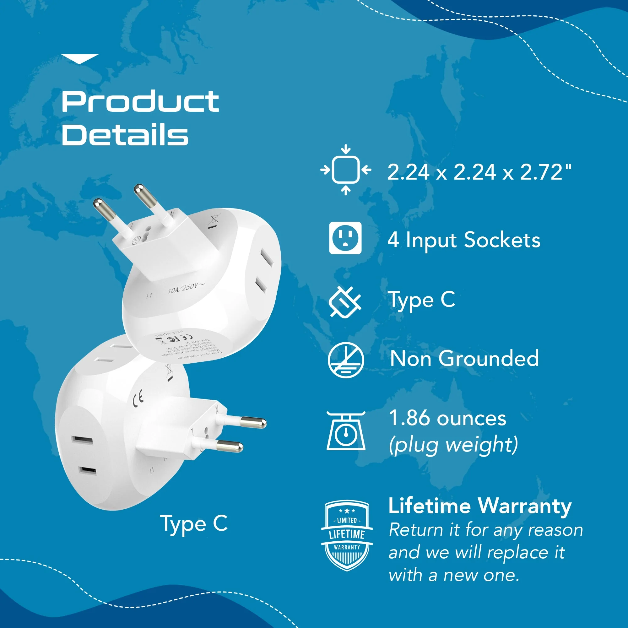 European Travel Plug Adapter - 4 in 1 - Ultra Compact - Light Weight (PT-9C) - Image 8