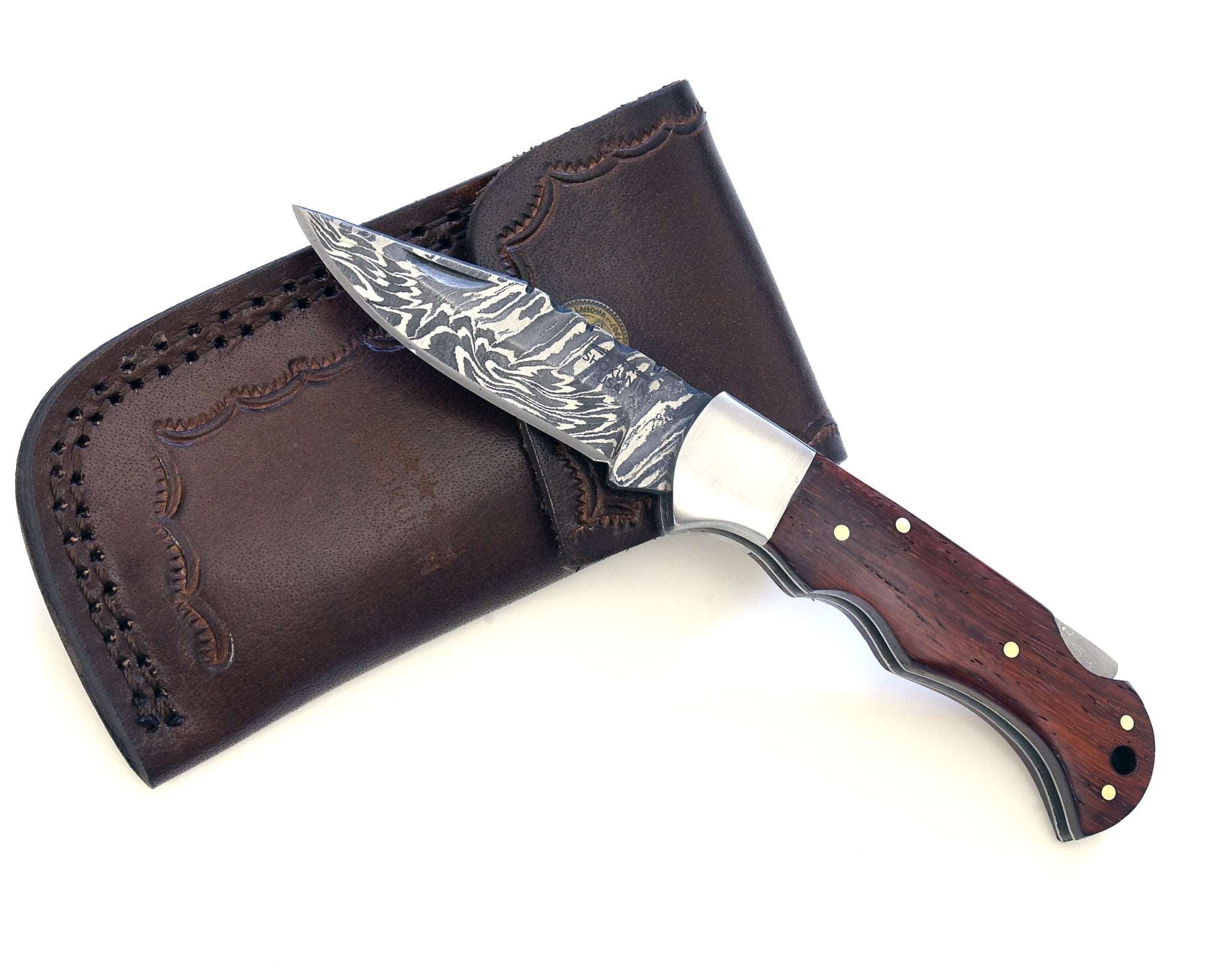 Excalibur Damascus Pocket Knife with Exotic Red Heart Wood Handle - Image 2