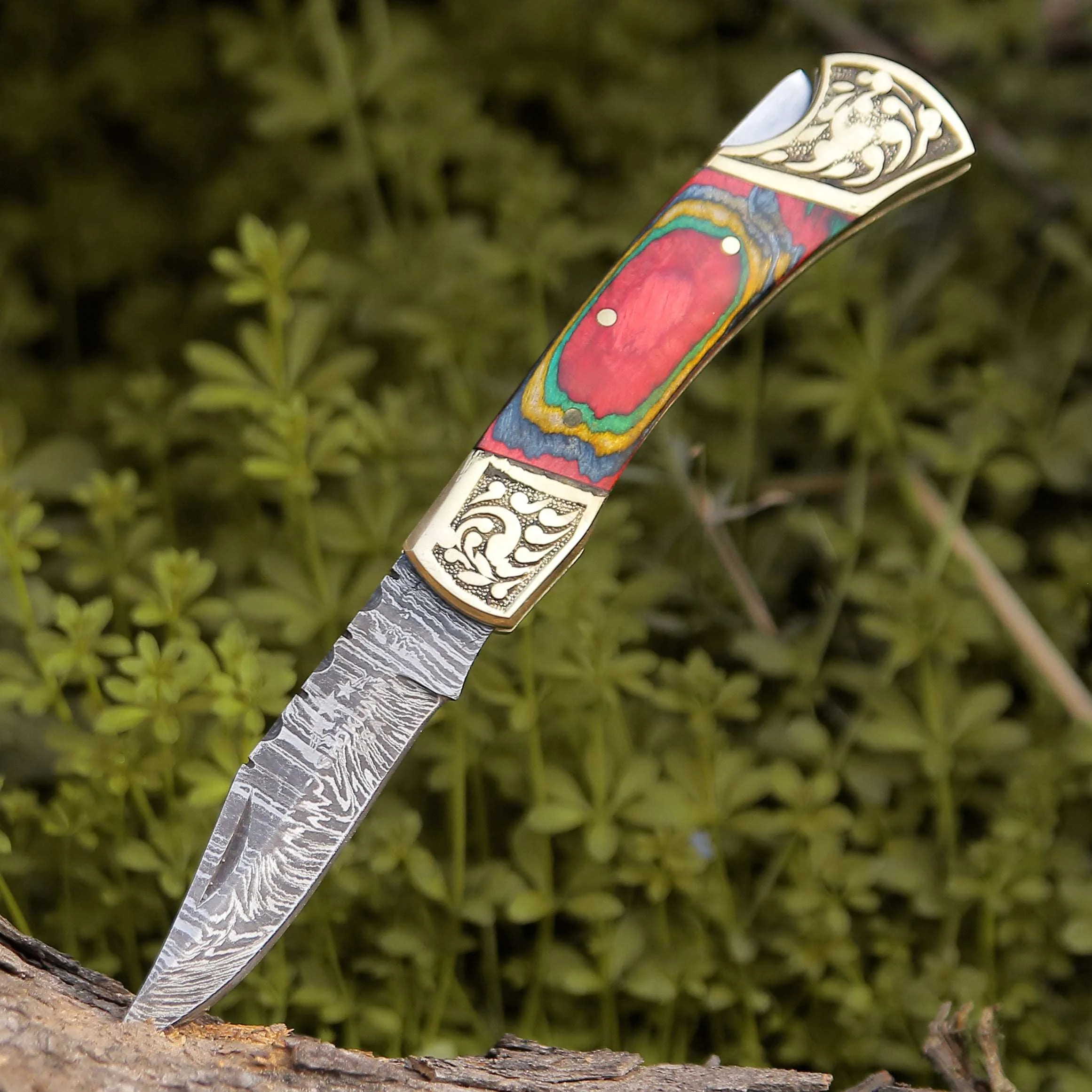 Expedition Damascus Folding Pocket Knife with Pakka Wood Handle - Image 4