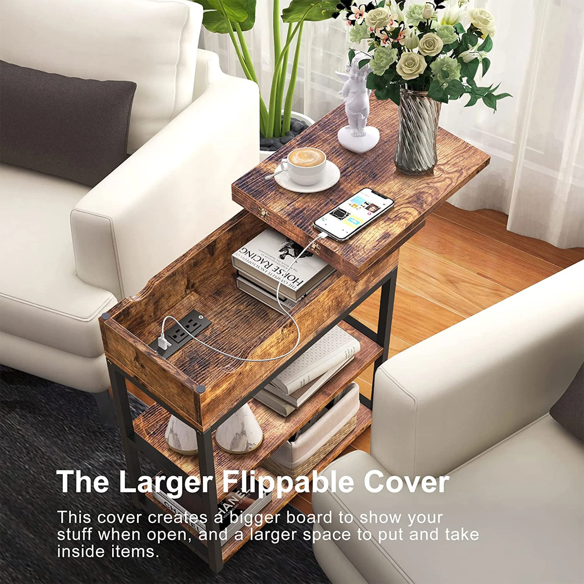 FABATO Side Table with Charging Station and Flip Top Shelving, Rustic Brown - Image 5