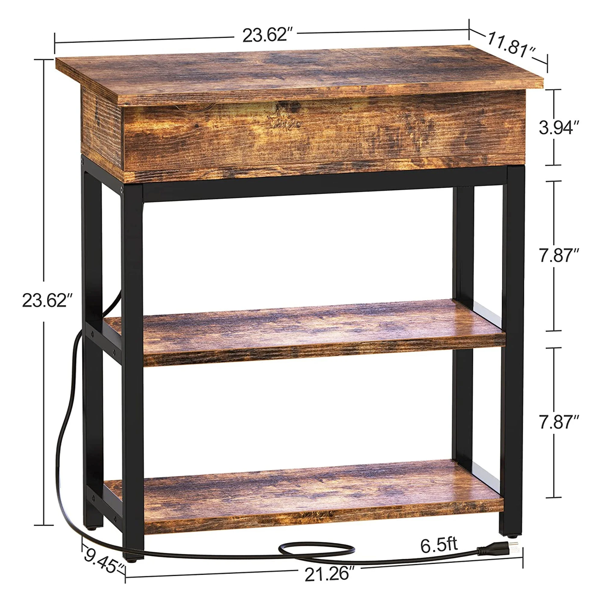FABATO Side Table with Charging Station and Flip Top Shelving, Rustic Brown - Image 6