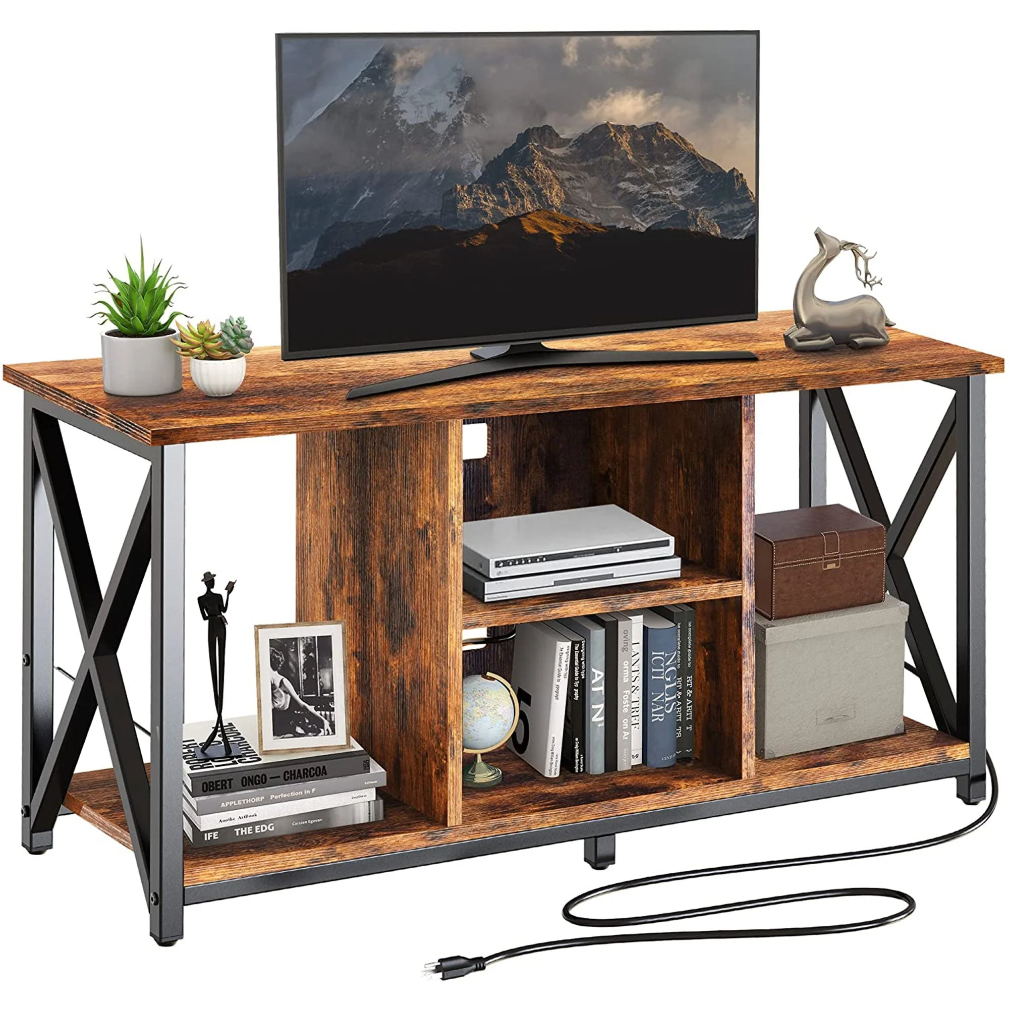 Fabato Wood 55 Inch TV Stand & Entertainment Center w/ 4 Socket Plug-In Station - Image 6